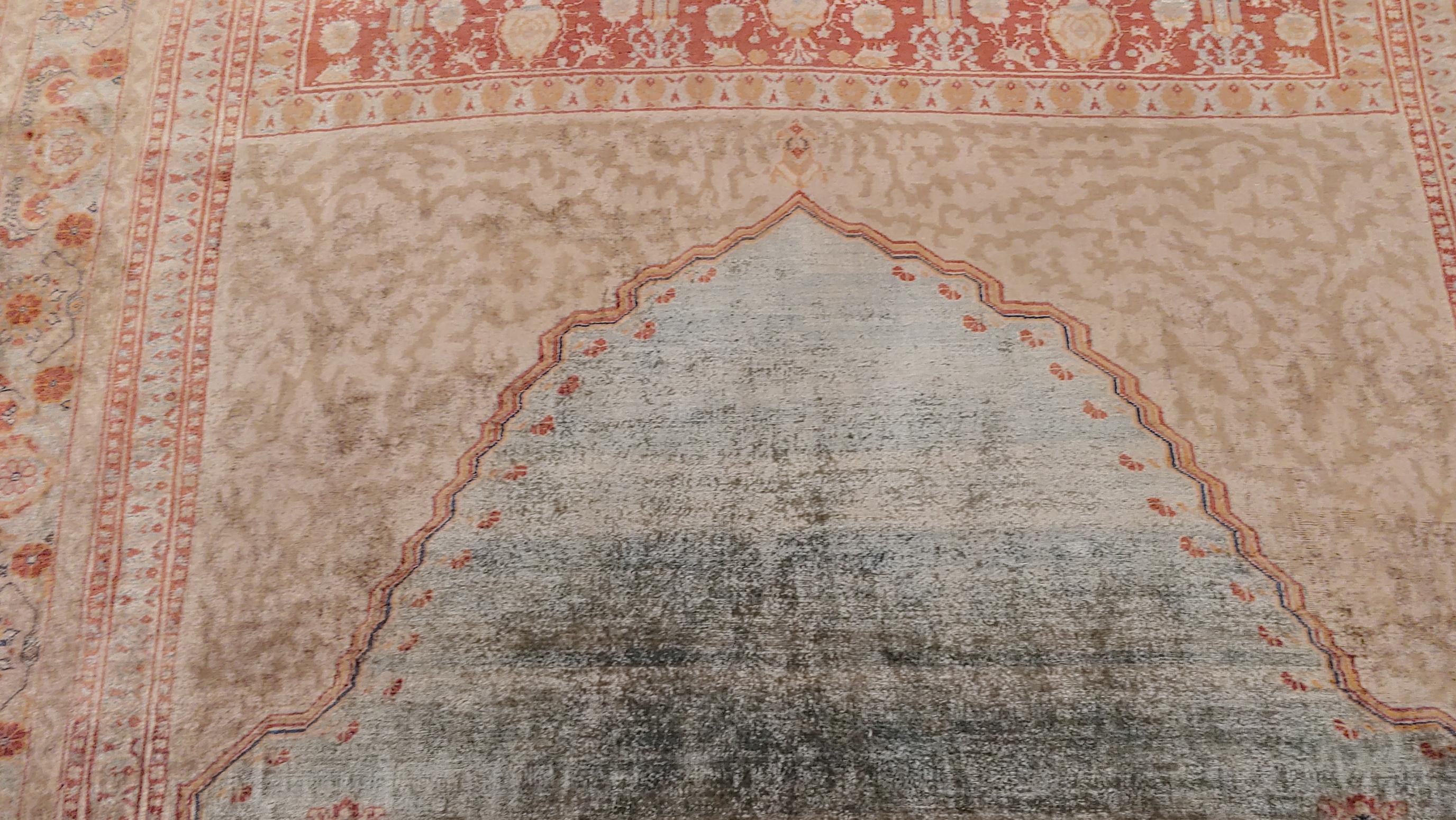 Antique Turkish Silk Ghiordes Rug Prayer Design, Aqua Field with Terracotta 1