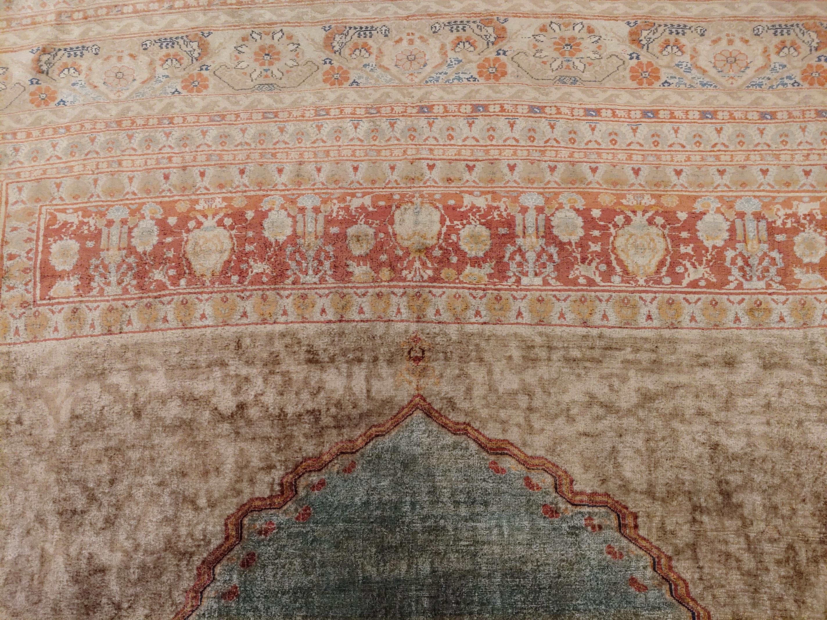 Antique Turkish Silk Ghiordes Rug Prayer Design, Aqua Field with Terracotta 2