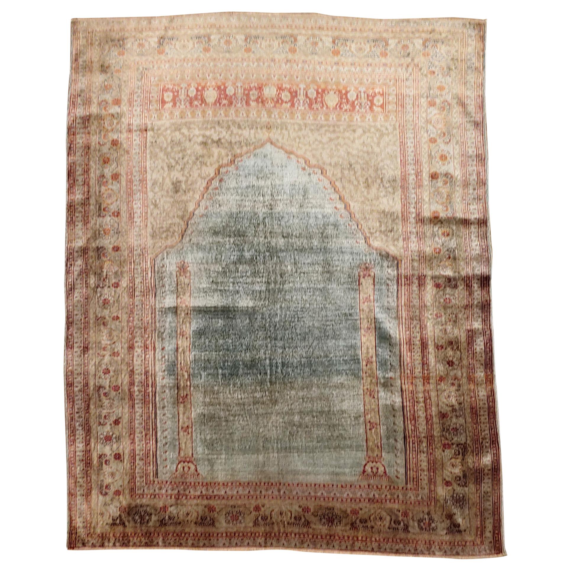 Antique Turkish Silk Ghiordes Rug Prayer Design, Aqua Field with Terracotta