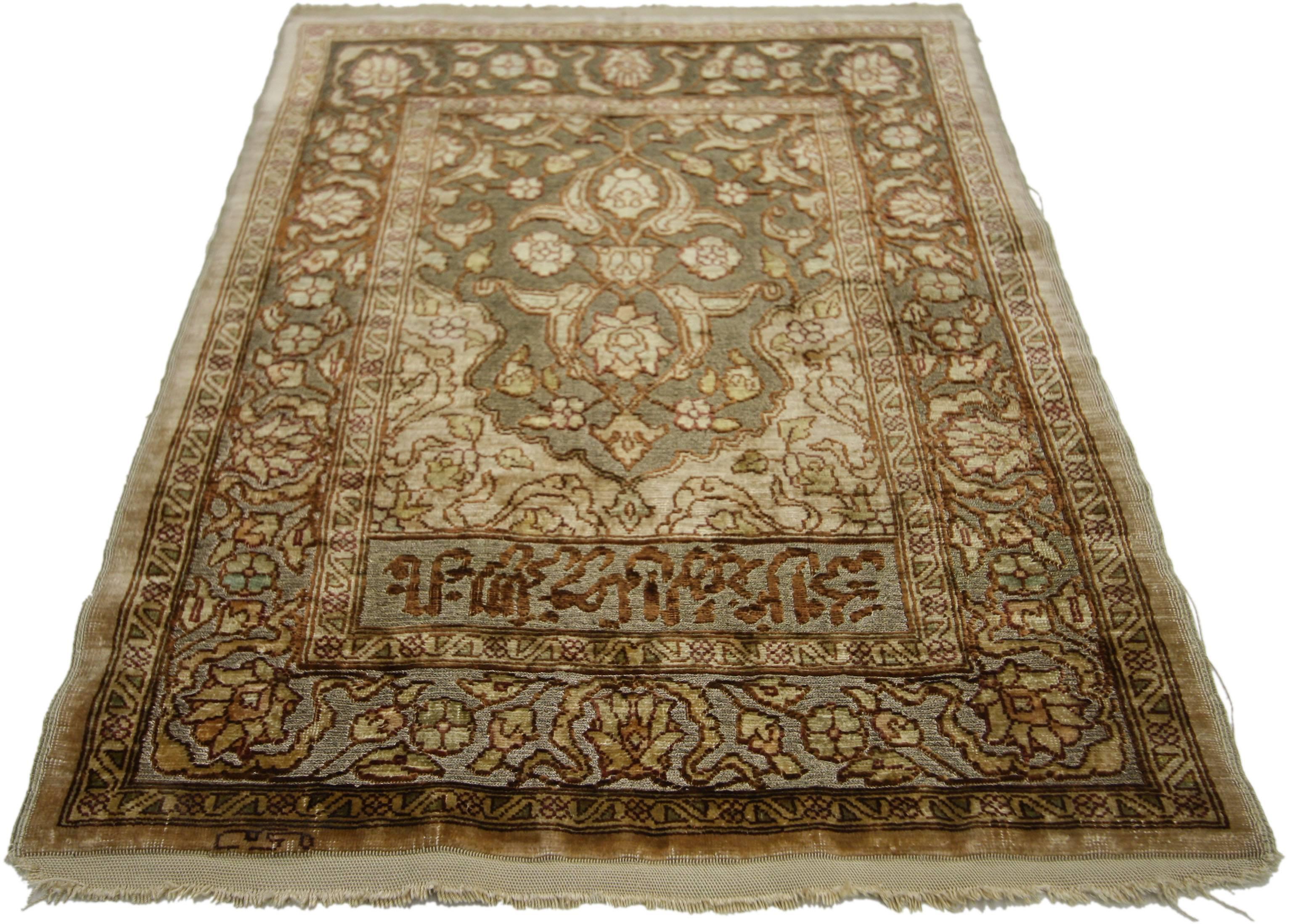 77154 Antique Turkish Silk Hereke Prayer Rug, Louis XVI Style Tapestry, Wall Hanging. This antique Turkish Hereke silk rug and/or tapestry beautifully highlights Regal ottoman style. Showcasing a Directional prayer rug layout with a mihrab ogival