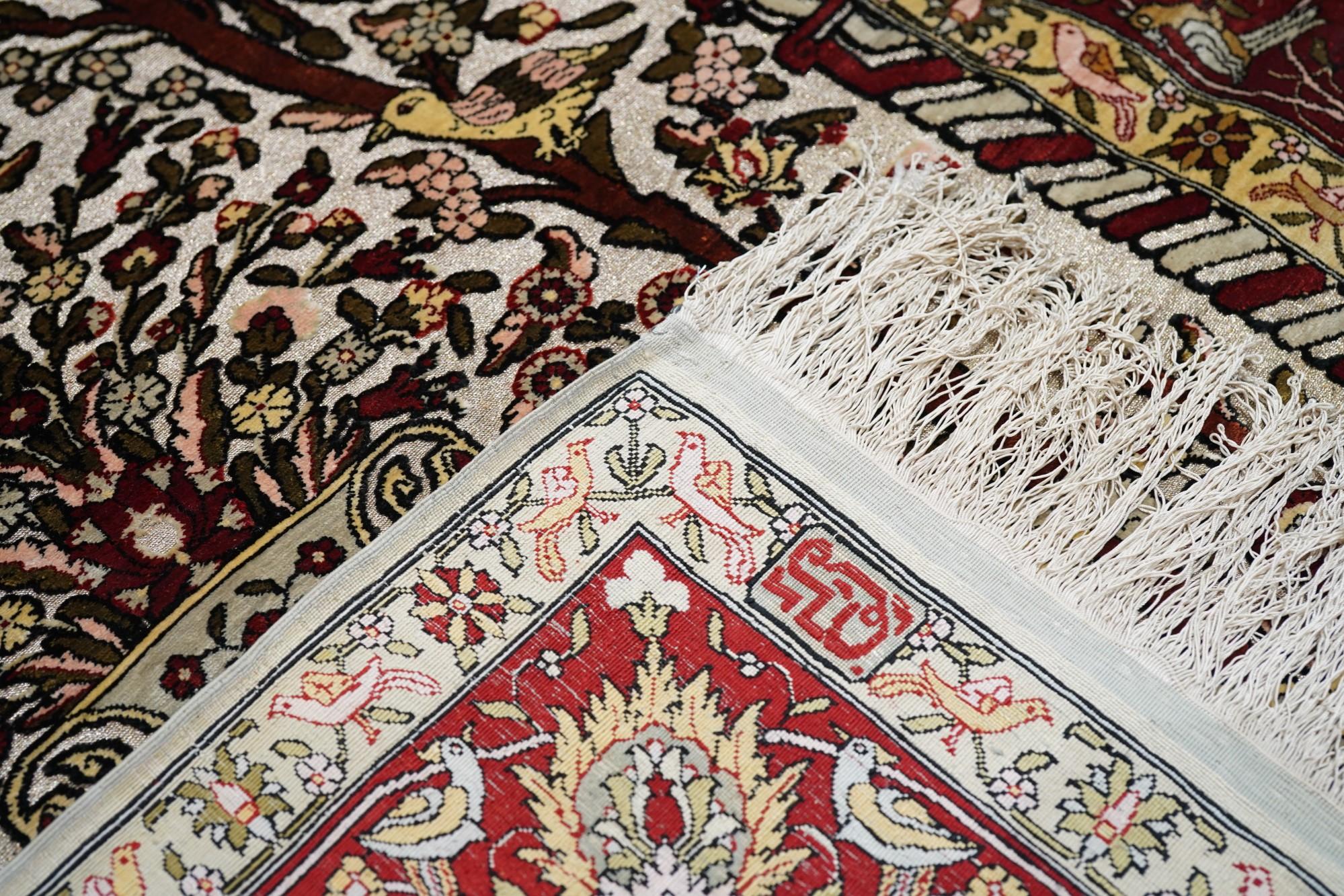 Extremely Fine Turkish Silk Hereke with the Field Woven with Silver Metal treads For Sale 6