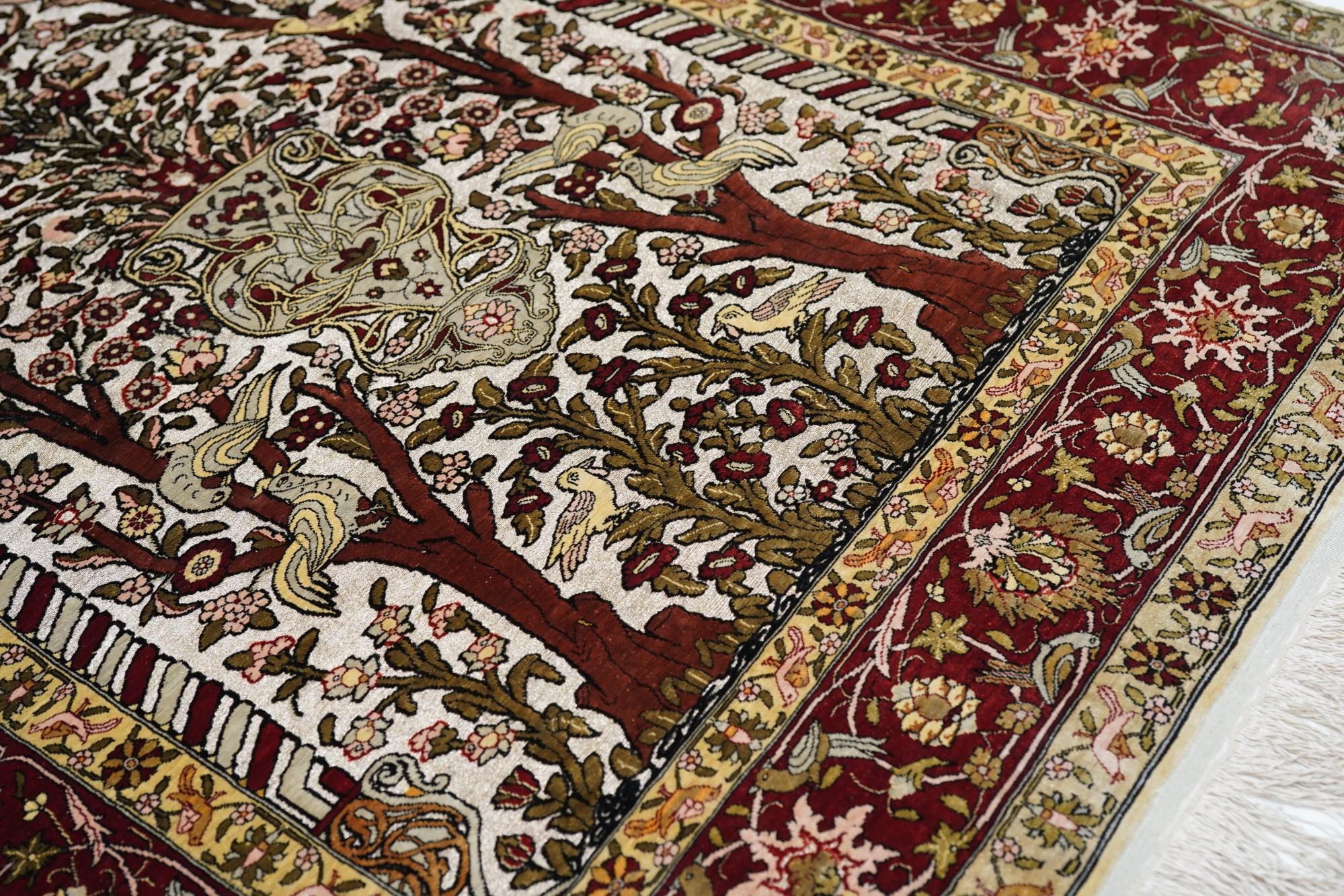 Extremely Fine Turkish Silk Hereke with the Field Woven with Silver Metal treads For Sale 1