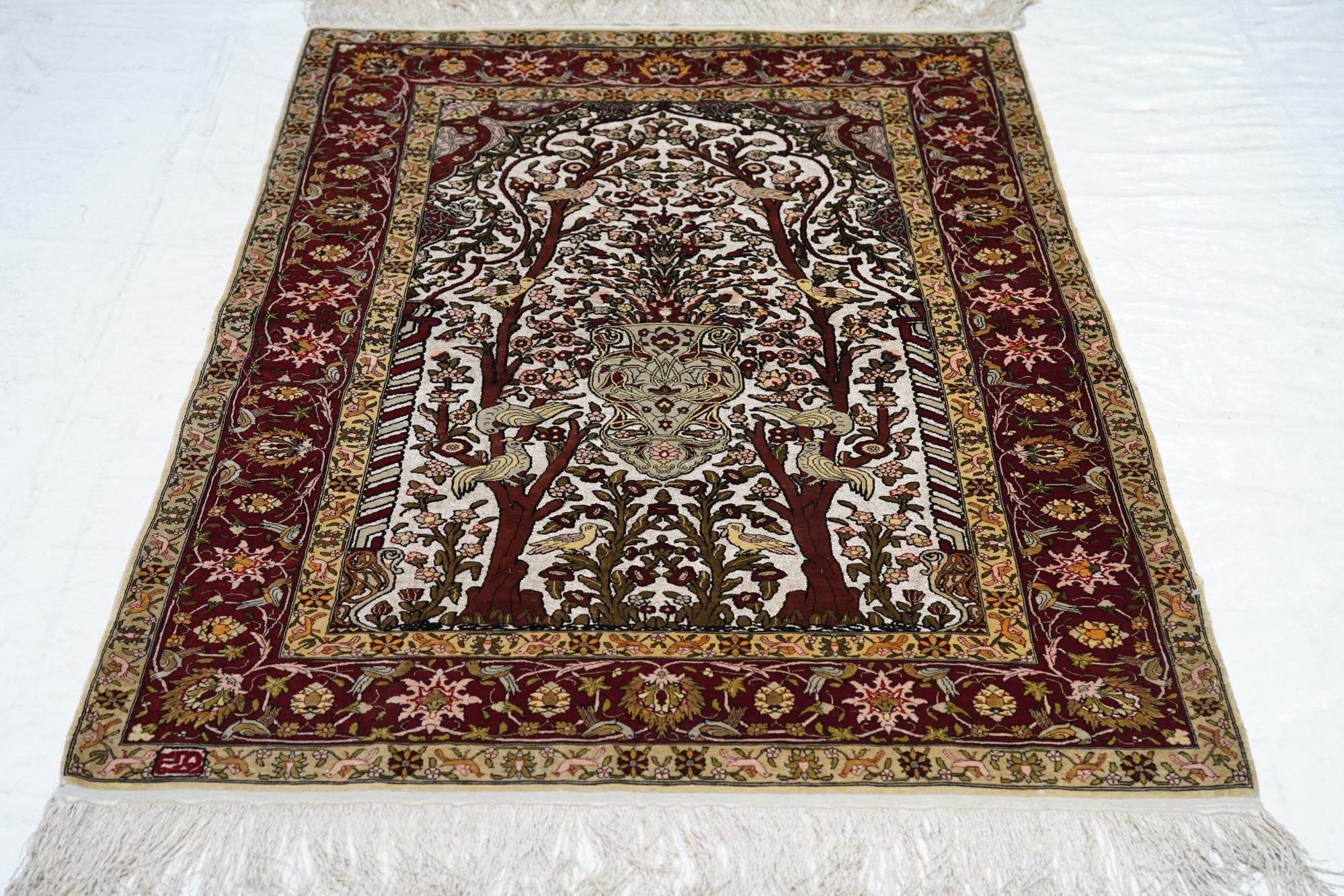 Extremely Fine Turkish Silk Hereke with the Field Woven with Silver Metal treads For Sale 4