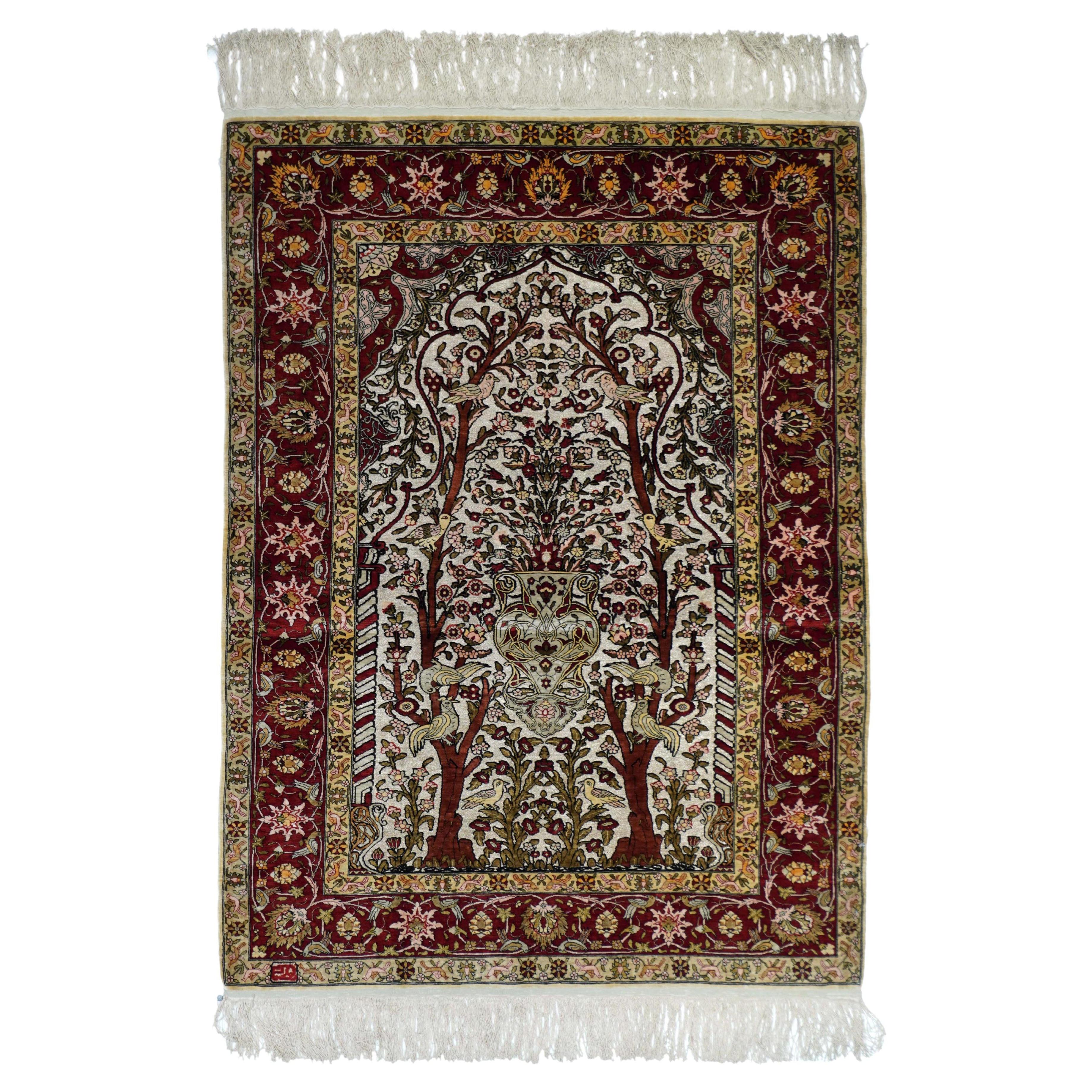 Extremely Fine Turkish Silk Hereke with the Field Woven with Silver Metal treads For Sale