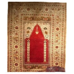 Antique Turkish Silk Prayer Area Rug, Late 19th Century, Red & Gold, 4' x 6'