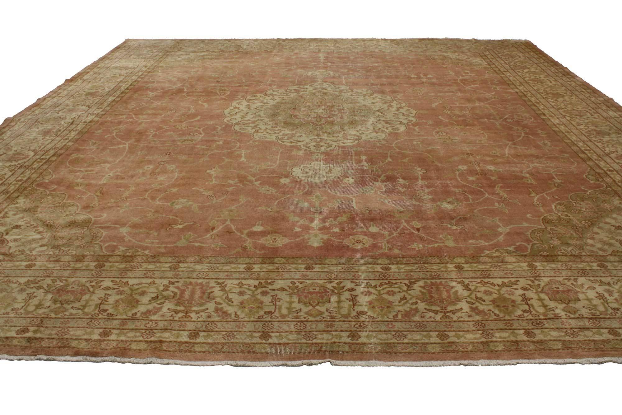 76817, Distressed Antique Turkish Sivas Palace Rug with Arts and Crafts Style. Immersed in Anatolian history and warm colors, this hand-knotted wool vintage Turkish Sivas area rug embodies true Artisan style. Taking center stage is a large-scale