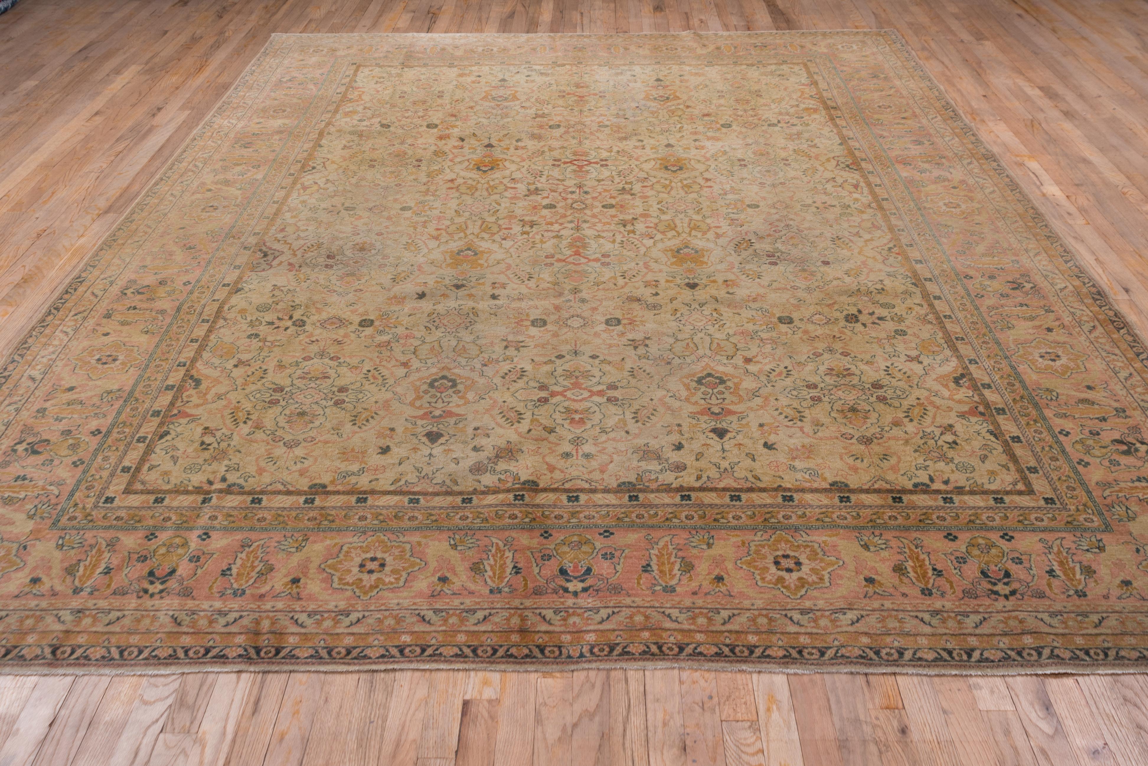 Wool Antique Turkish Sivas Carpet, Allover Neutral Field & Colorful Accents For Sale