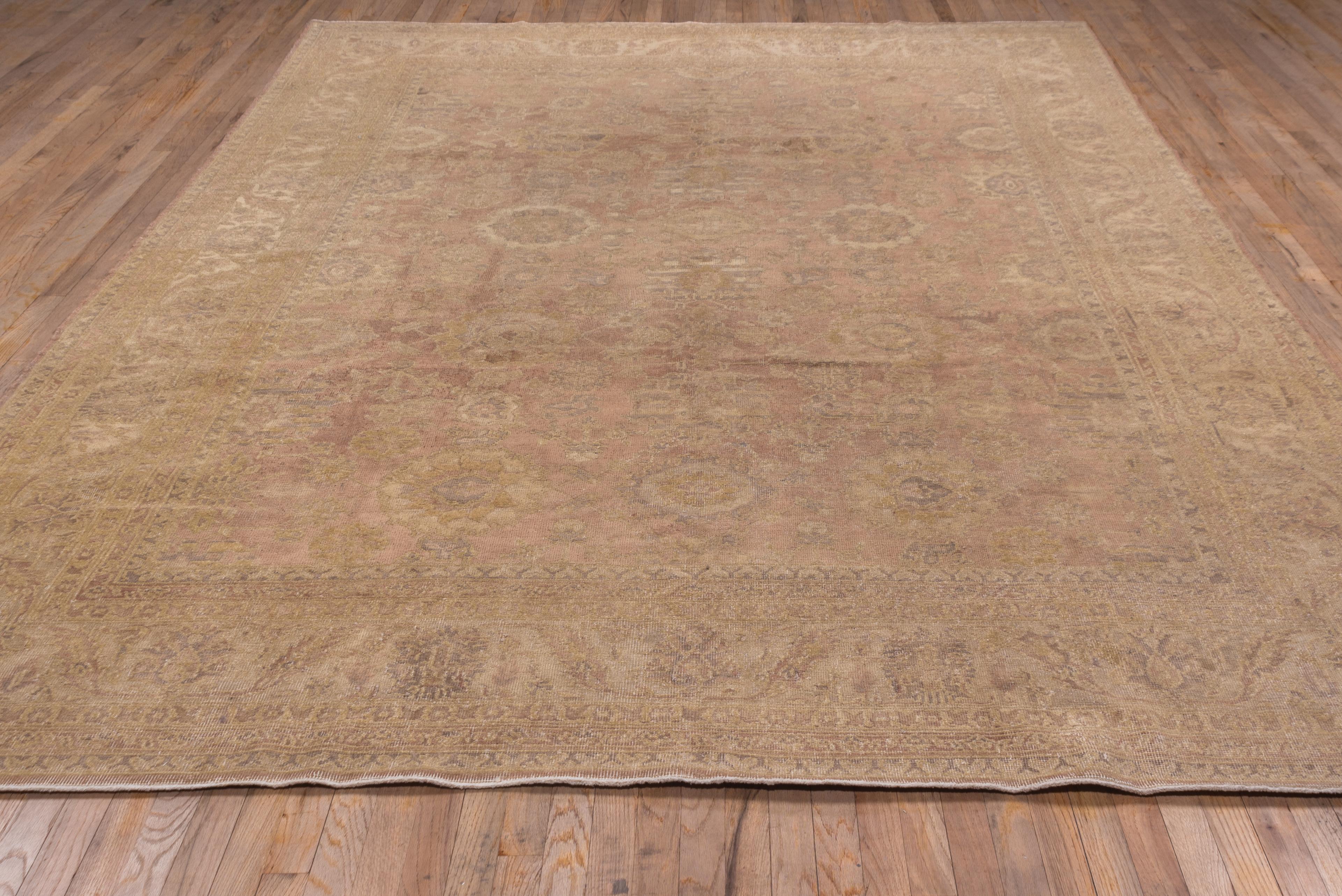 Antique Turkish Sivas Carpet, Allover Pink Field, Yellow Palette, Circa 1930s For Sale 1