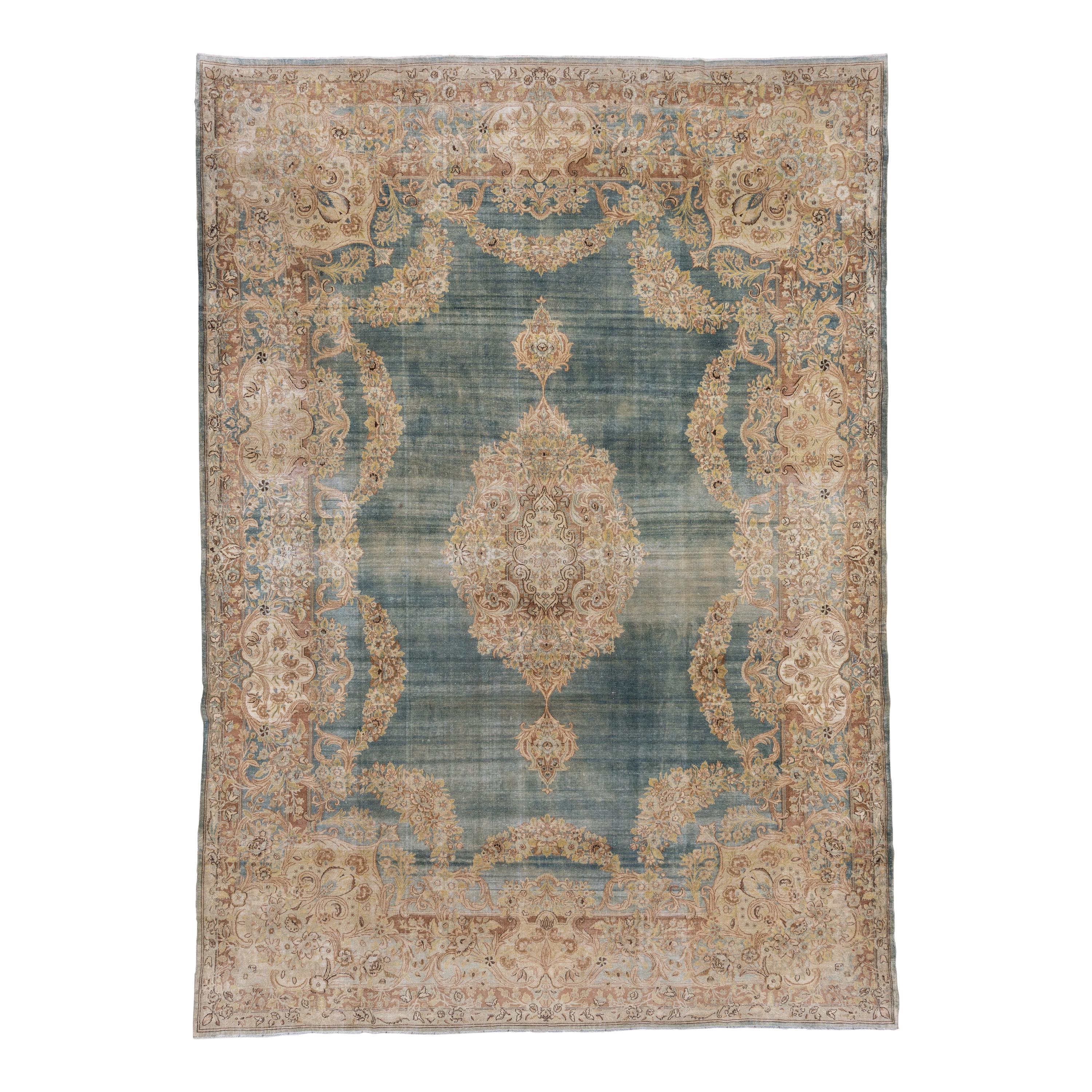 Antique Turkish Sivas Carpet, Blue Green Field, Formal Palette For Sale