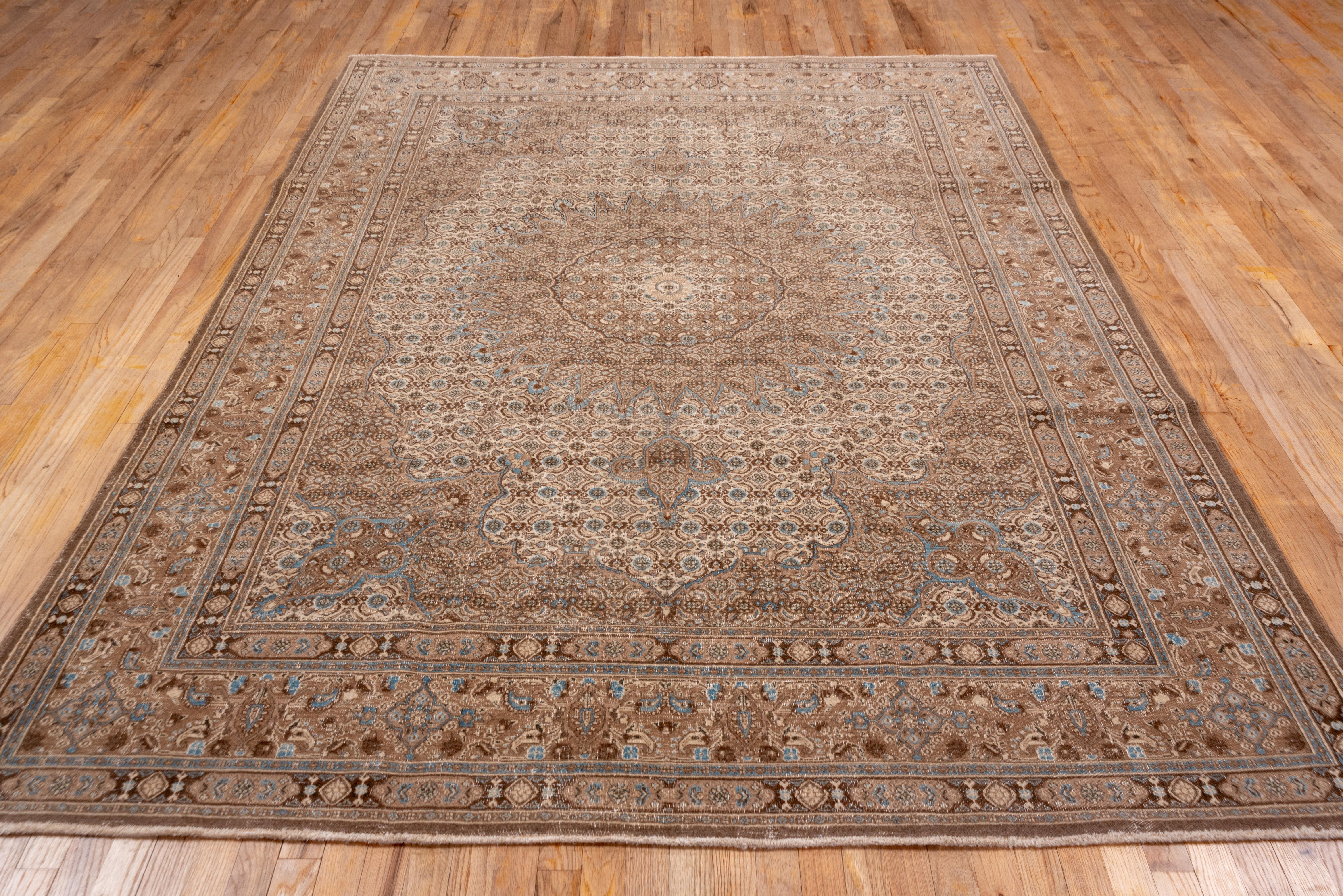 Tabriz Antique Turkish Sivas Carpet, Center Medallion, Brown and Light Blue Palette For Sale