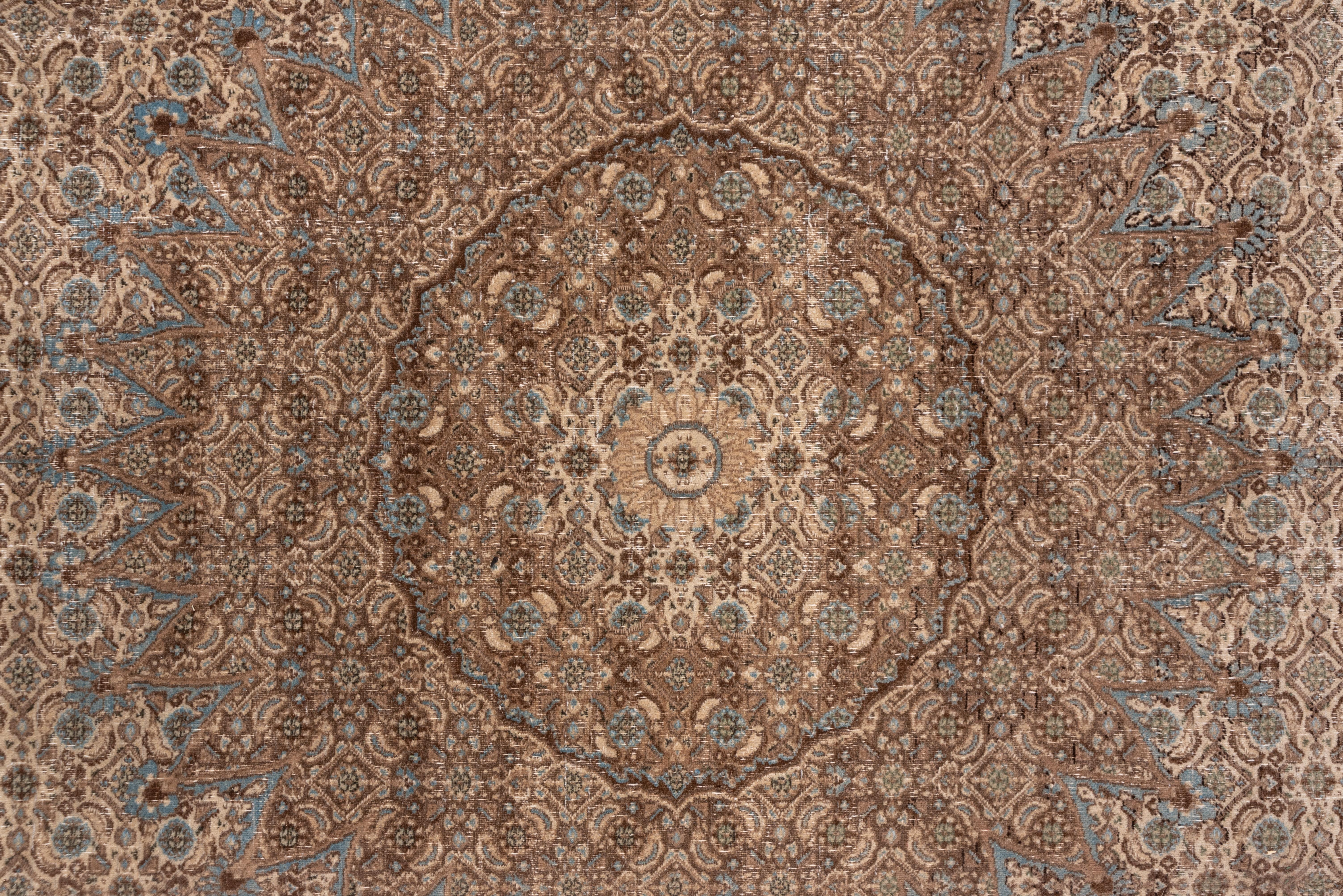 Hand-Knotted Antique Turkish Sivas Carpet, Center Medallion, Brown and Light Blue Palette For Sale