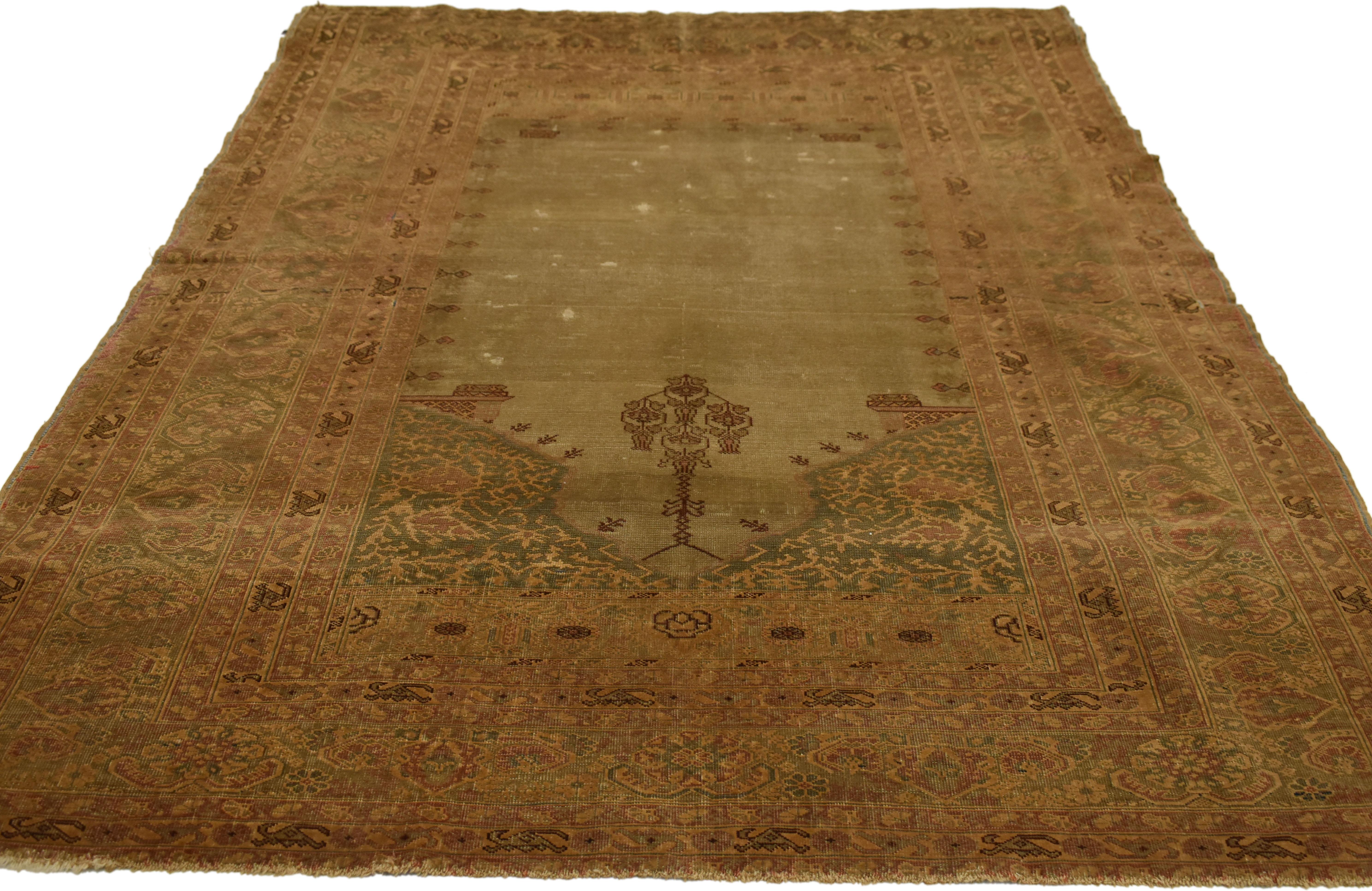 Hand-Knotted Distressed Antique Turkish Sivas Prayer Rug For Sale