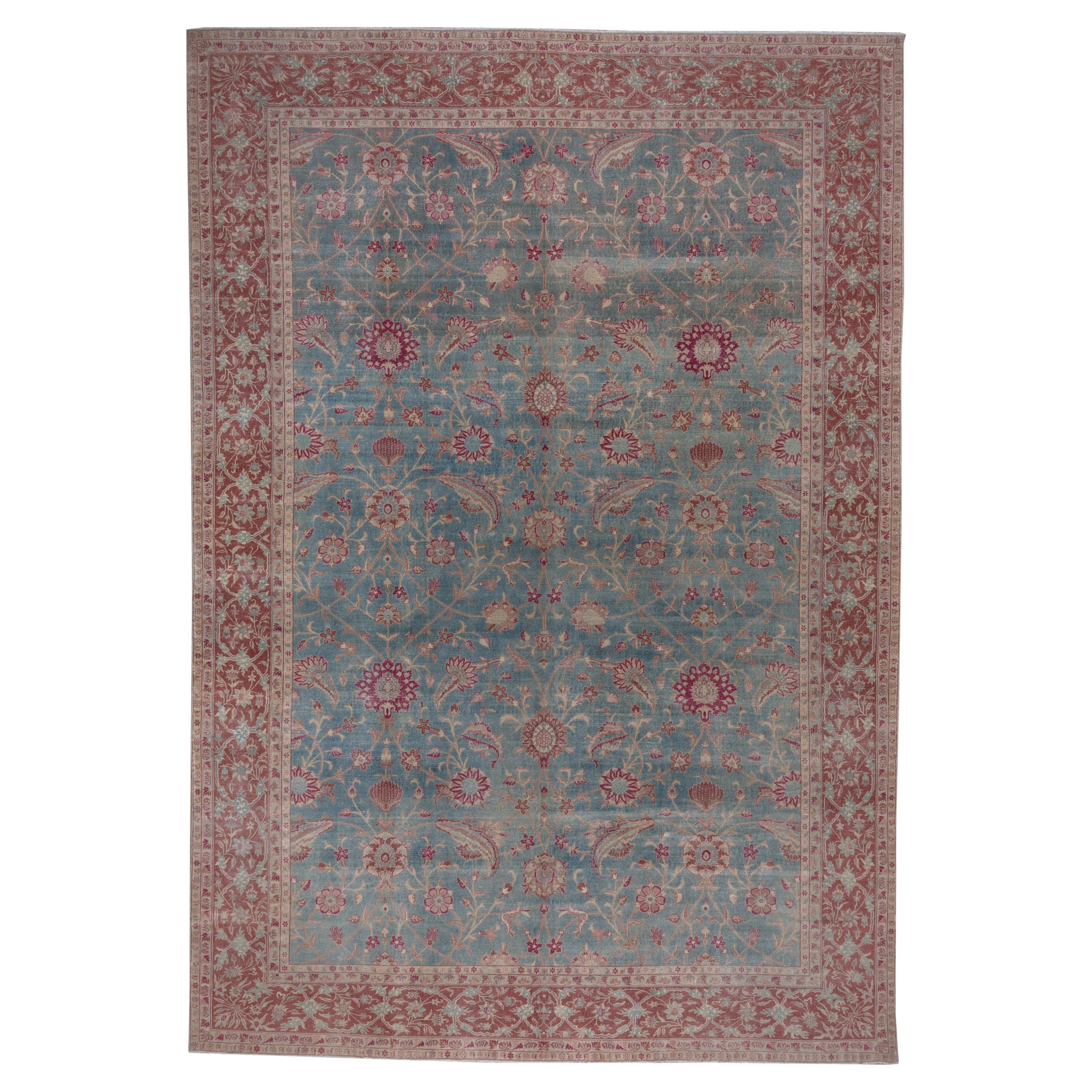 Antique Turkish Sivas Rug, Allover Blue Floral Field, Red Borders, Circa 1920s For Sale