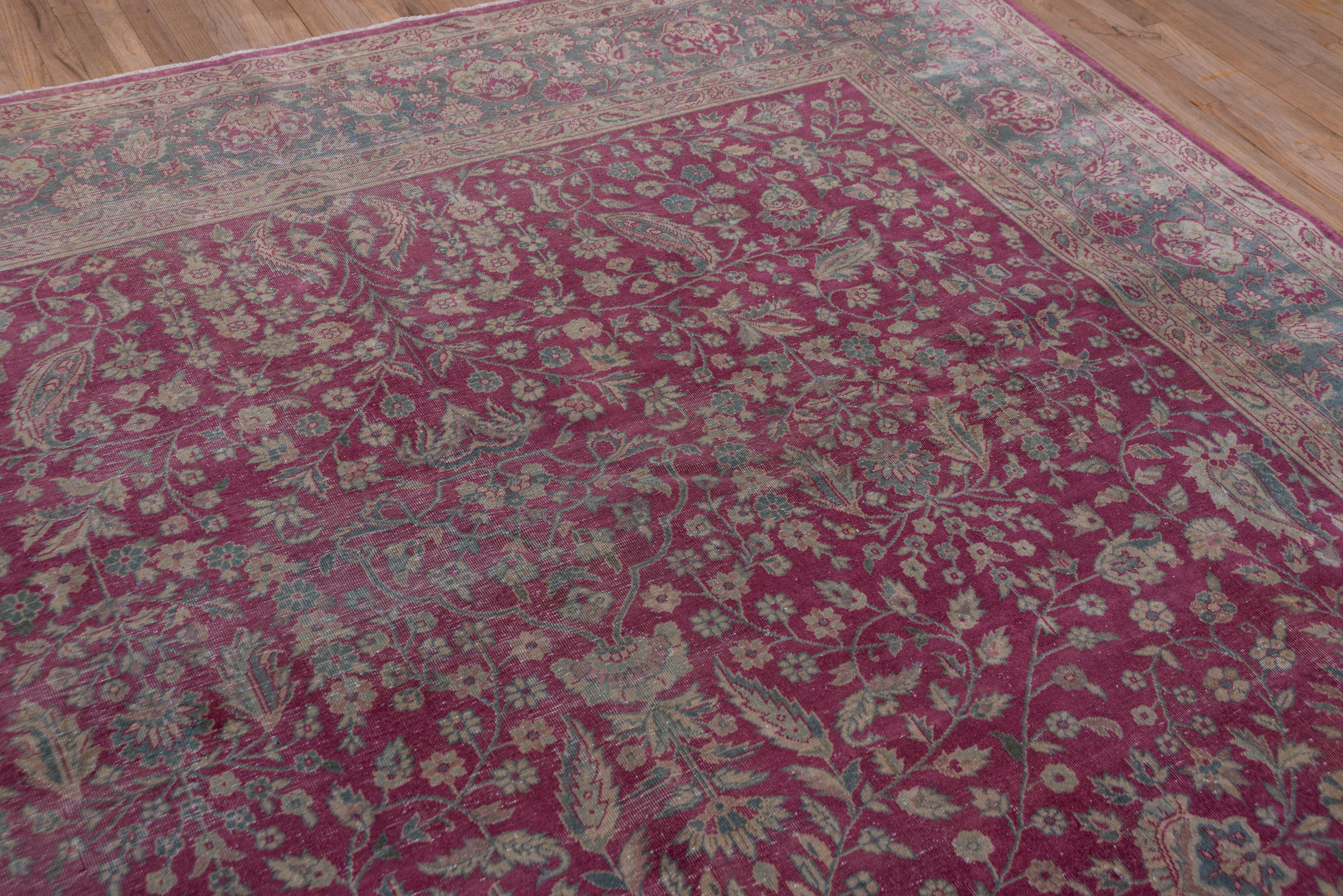 Antique Turkish Sivas Rug, Raspberry Red Field, Teal Borders, Circa 1930s For Sale 4
