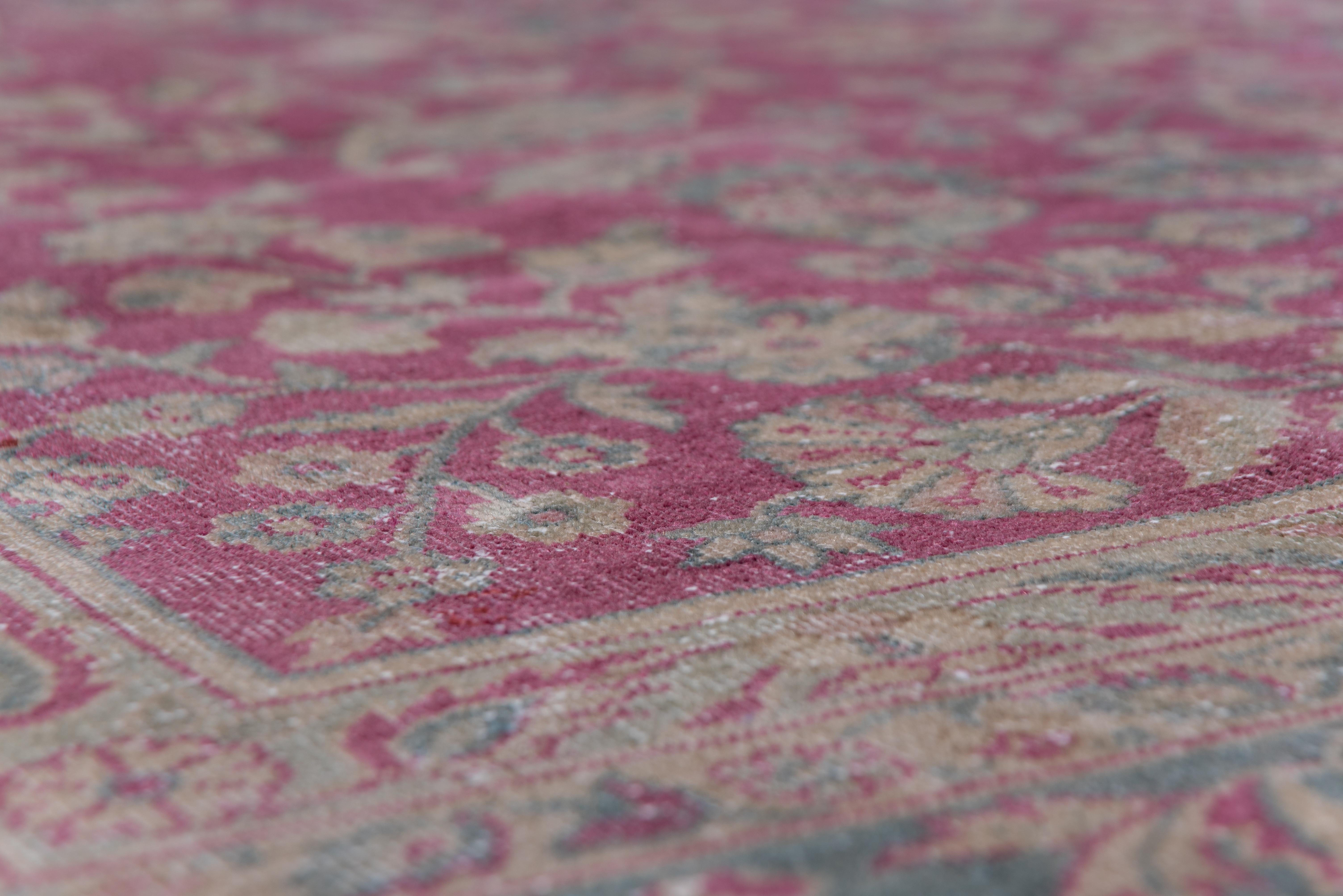Hand-Knotted Antique Turkish Sivas Rug, Raspberry Red Field, Teal Borders, Circa 1930s For Sale