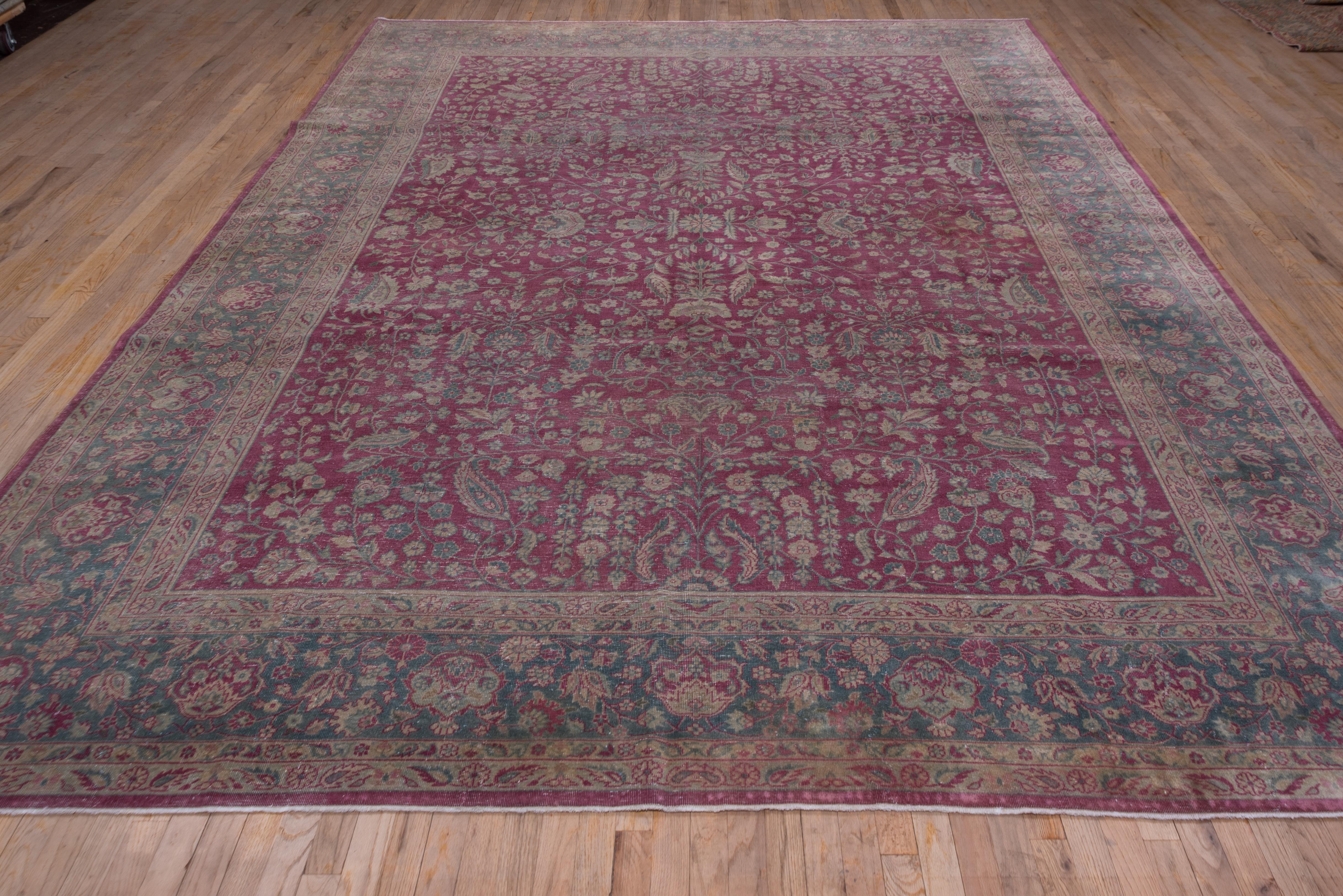 Mid-20th Century Antique Turkish Sivas Rug, Raspberry Red Field, Teal Borders, Circa 1930s For Sale