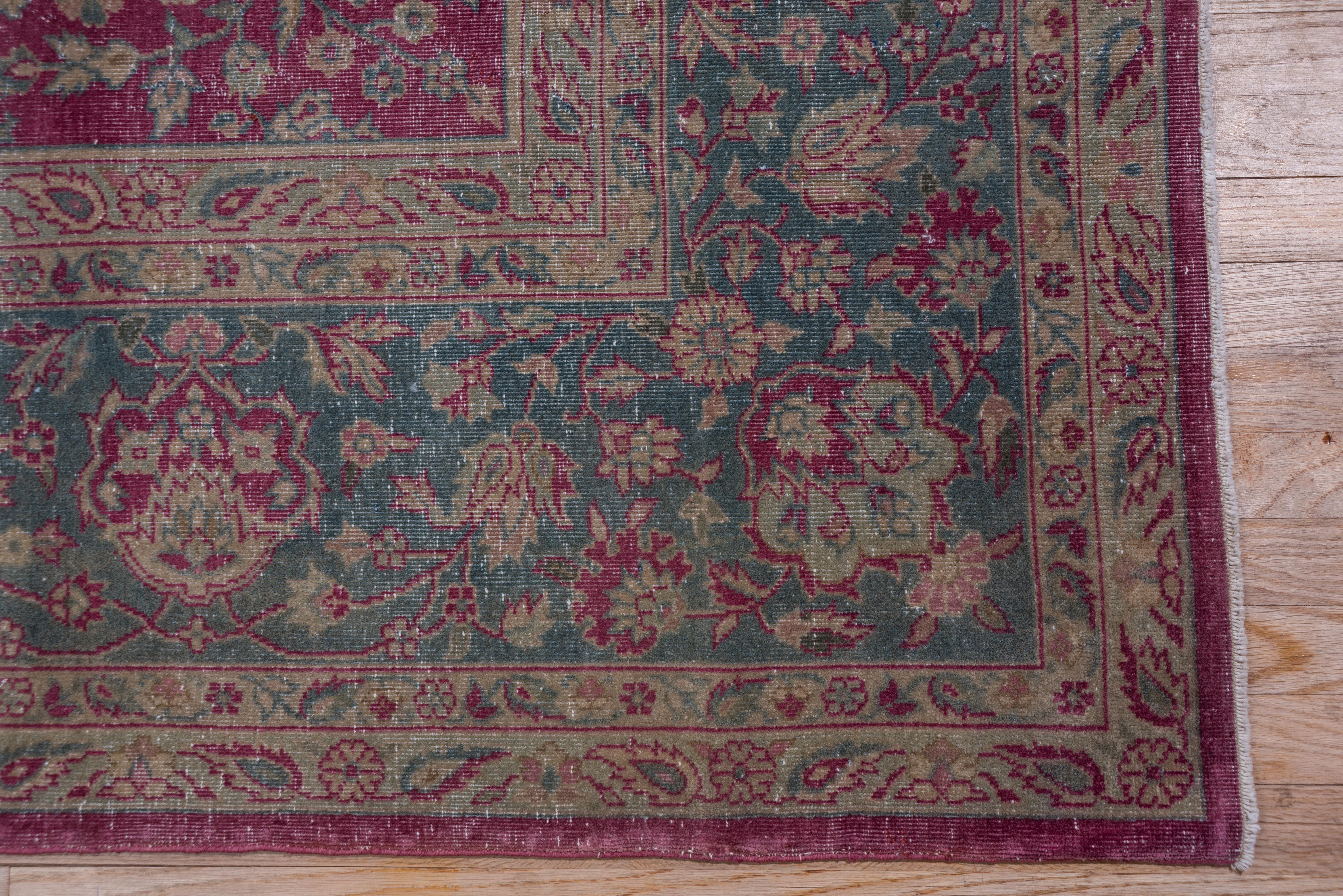 Wool Antique Turkish Sivas Rug, Raspberry Red Field, Teal Borders, Circa 1930s For Sale