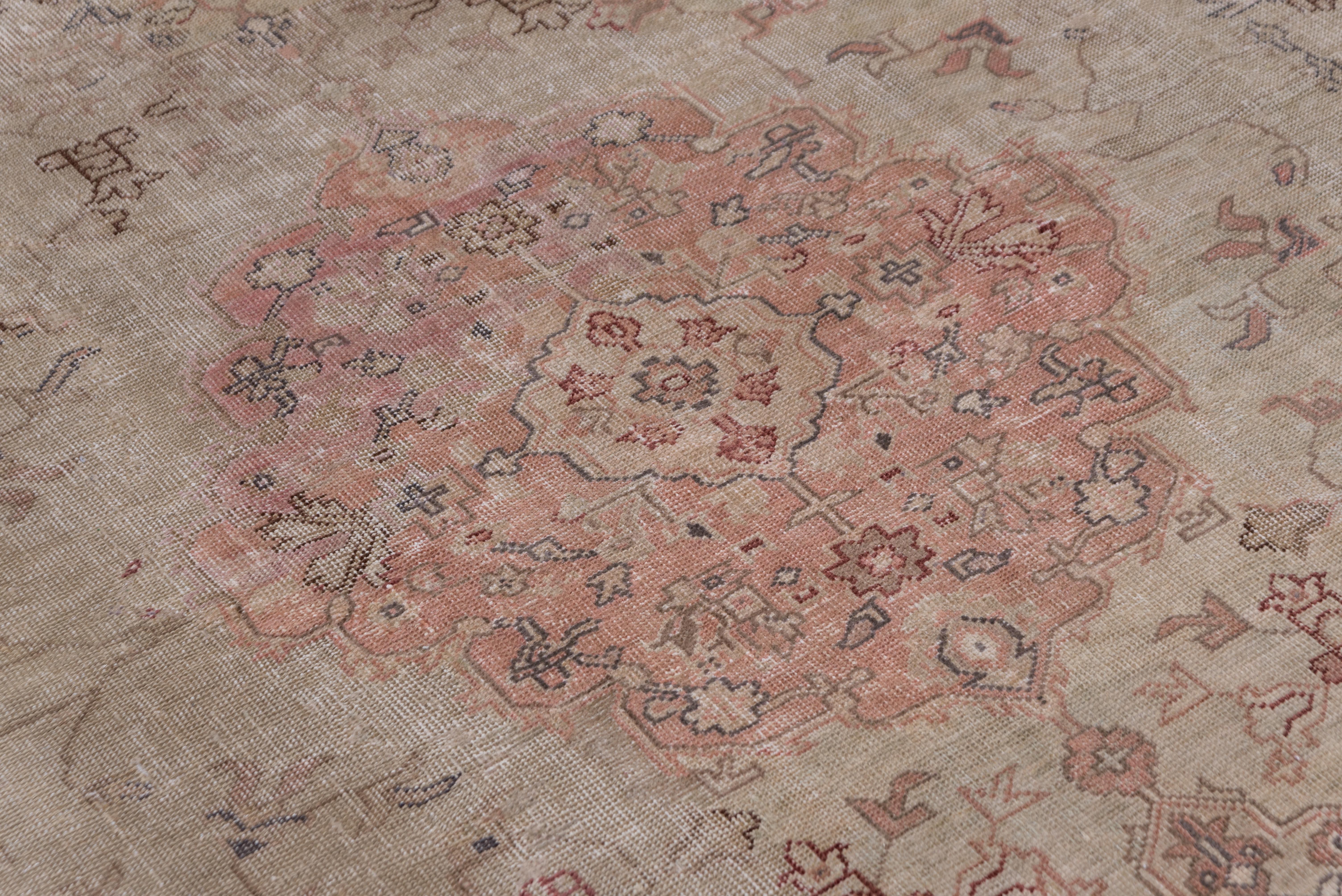 Hand-Knotted Antique Turkish Sivas Rug, Sage Green Field, Center Medallion, Pink Borders For Sale