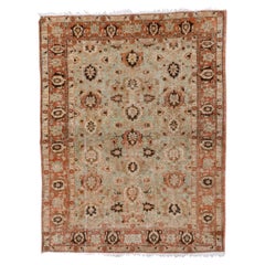 Vintage Turkish Sivas Rug, Seafoam Allover Field, Rust Borders