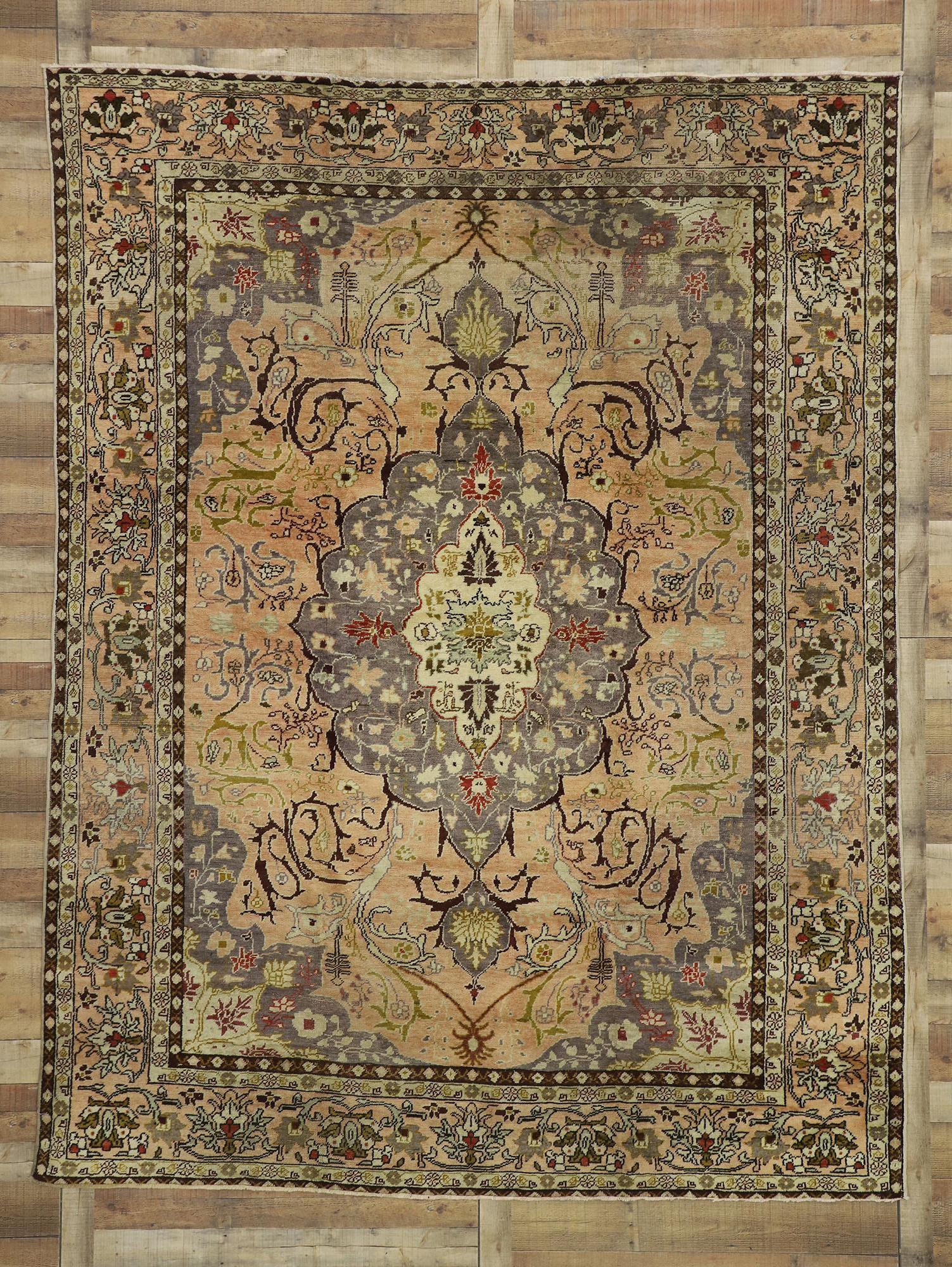 50381, antique Turkish Sivas rug with Soft French Art Nouveau style 08'03 x 10'09. Reminisce of 19th century French designs and decorative elegance, this hand knotted wool antique Turkish Sivas rug is poised to impress. Taking center stage is a