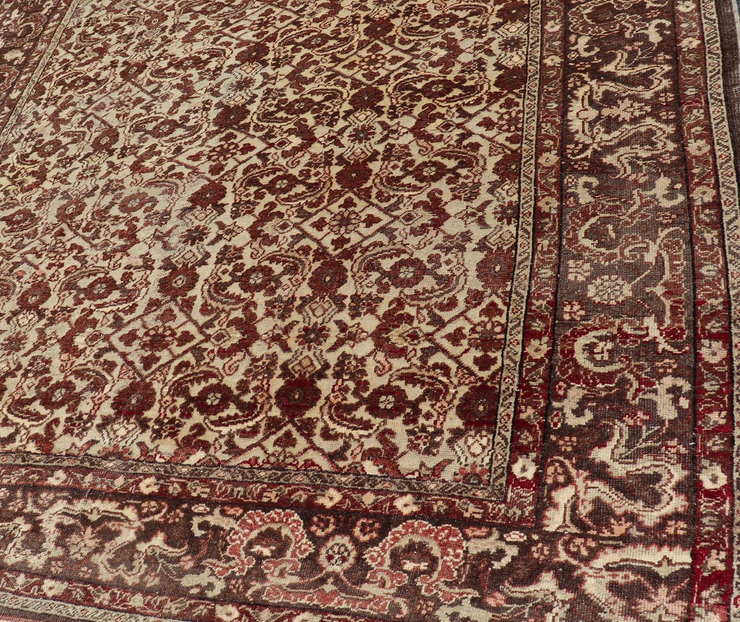Antique Turkish Sivas Rug with Tan Background and Maroon, Eggplant, Brown Color  In Good Condition For Sale In Atlanta, GA