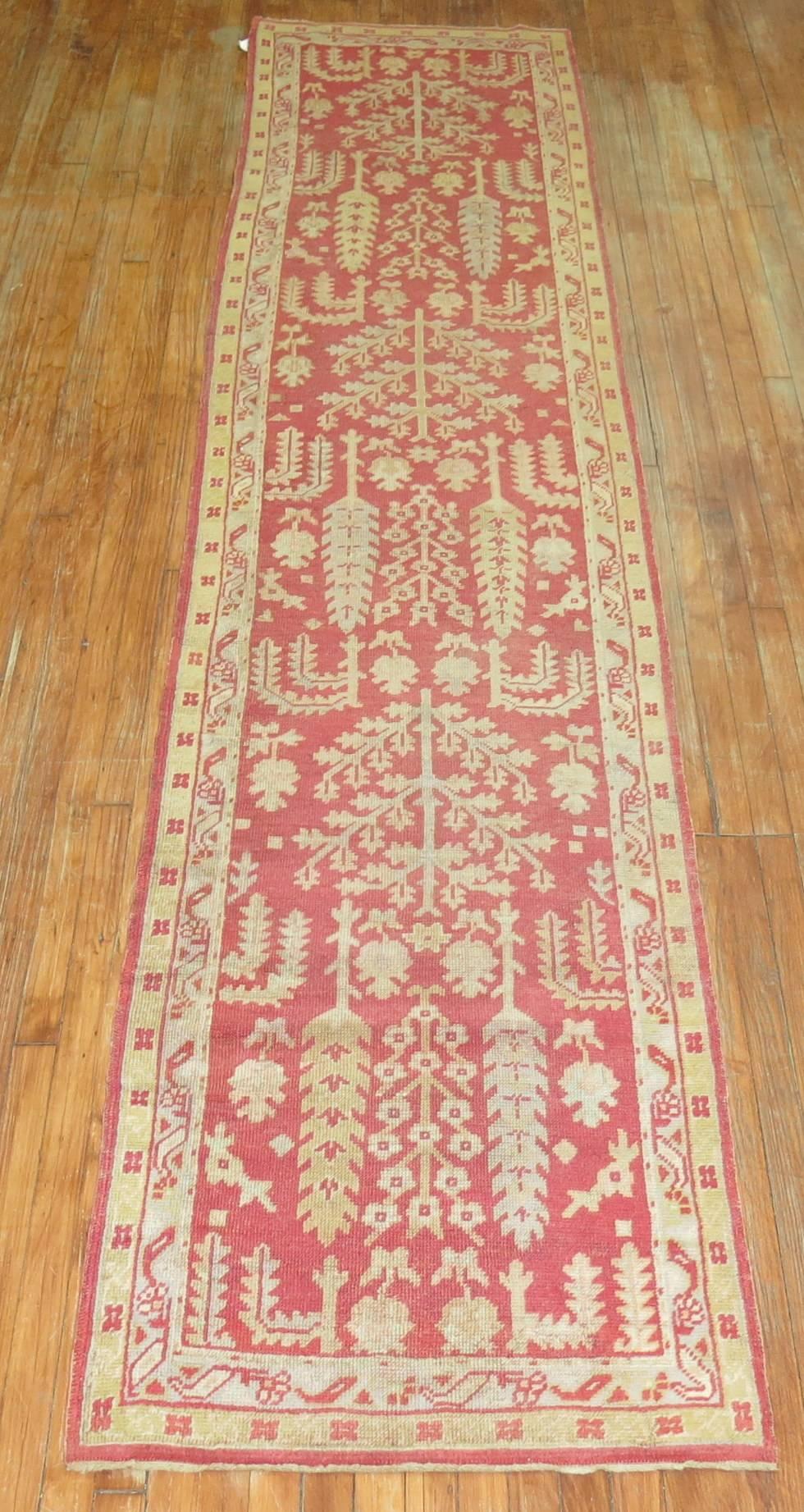 Hand-Knotted Antique Turkish Oushak Runner with Tree Design