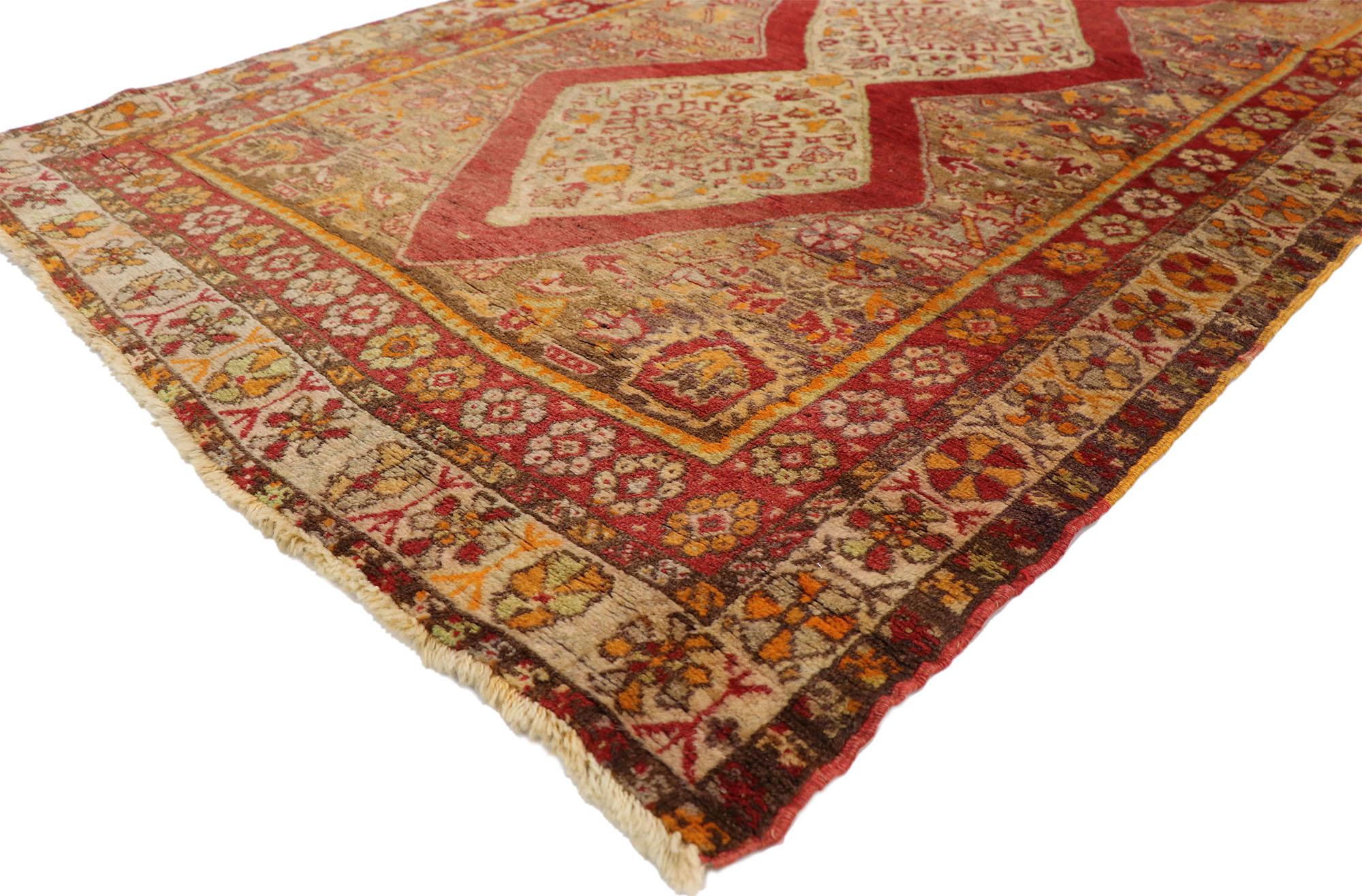 50364, antique Turkish Sivas runner with Modern Northwestern style. With its luminous warm hues and beguiling beauty, this hand-knotted wool antique Turkish Sivas runner is immersed in Anatolian history. Intensely outlined in red, the center