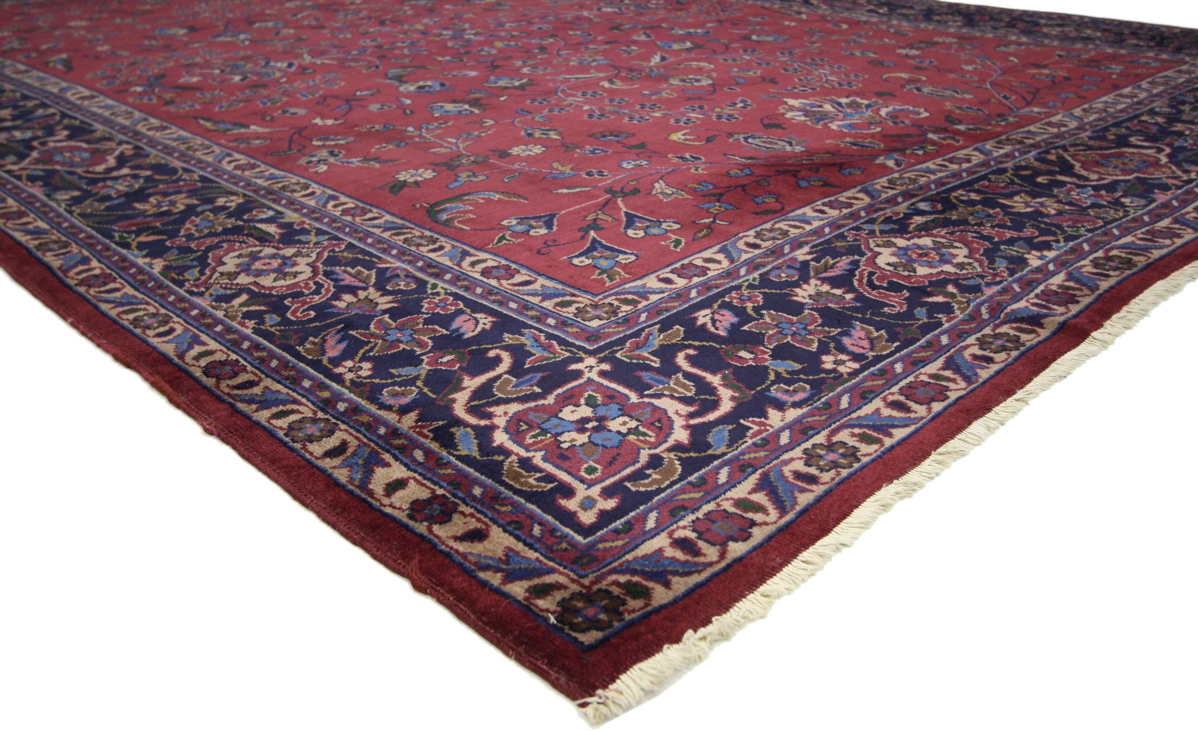 72080, antique Turkish Sparta rug with Modern Victorian Style 08'08 x 11'11. This hand-knotted wool antique Turkish Sparta rug features an allover floral pattern on a dark raspberry field surrounded by a classic navy blue border creating a