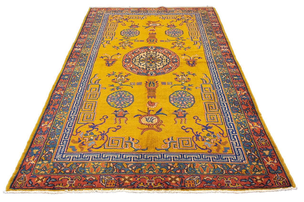 This antique Turkish Sparta rug boasts a captivating goldish field color, exemplifying the richness and opulence of its design. With its  patterns, impeccable craftsmanship, and timeless appeal, this rug is a true testament to the enduring beauty of