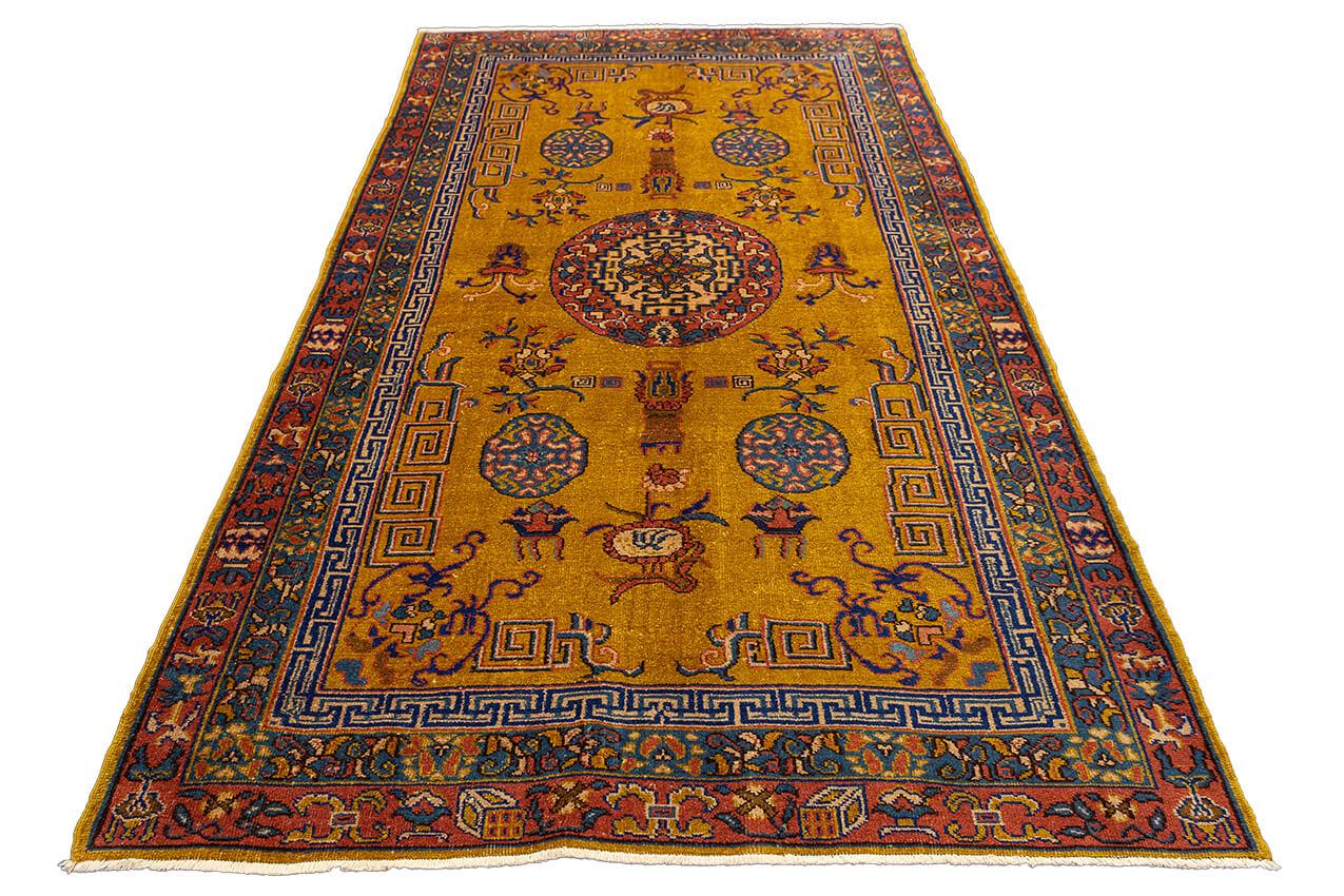 Hand-Knotted Antique Turkish Sparta Rug Goldish Field Color For Sale
