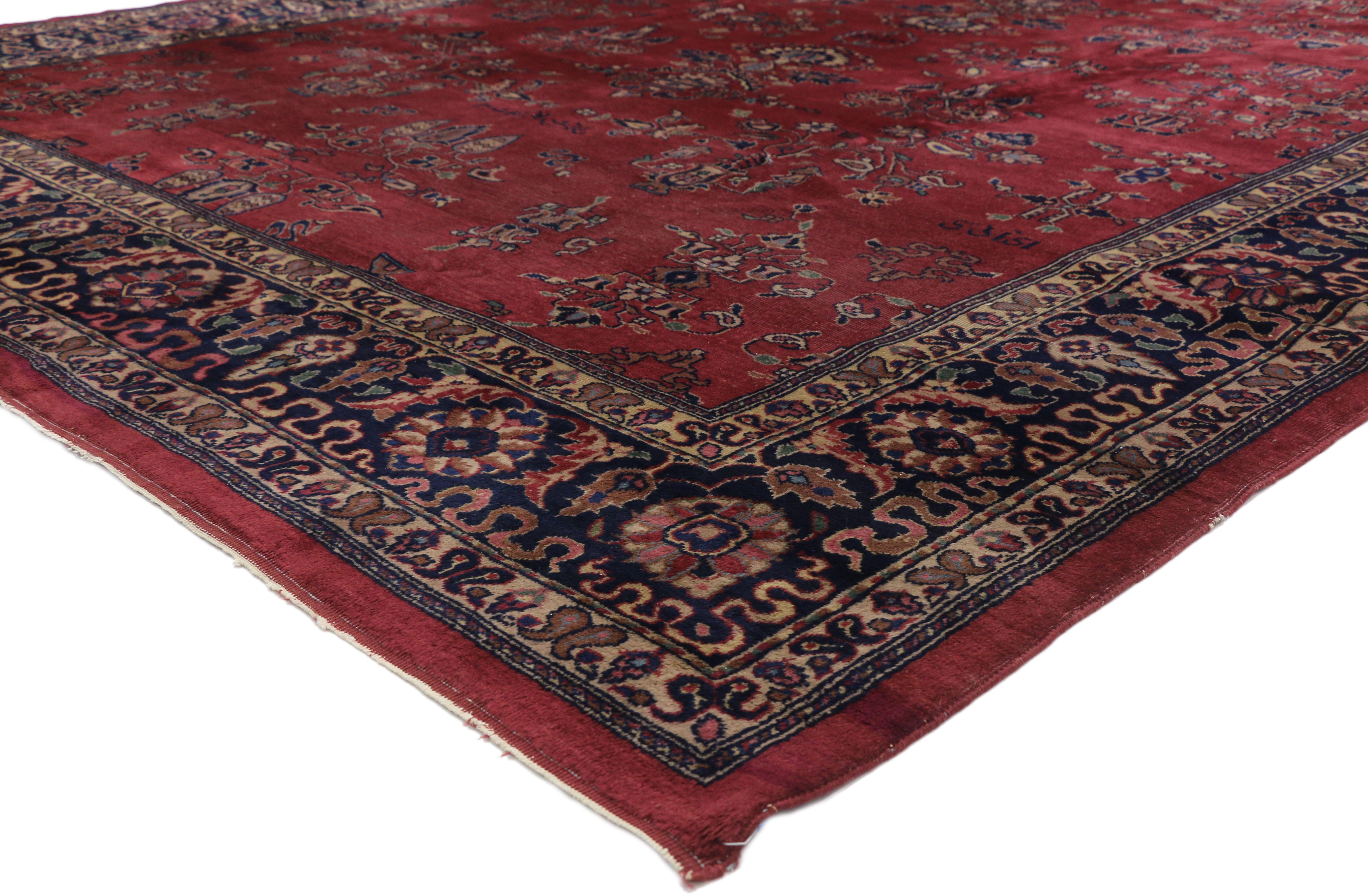 72040 Antique Turkish Sparta Rug with Regency Victorian Style. With its rich detailing, vibrant colors, and symmetry, this hand-knotted wool antique Turkish Sparta rug beautifully highlights a Venetian Regency style. It features an all-over floral