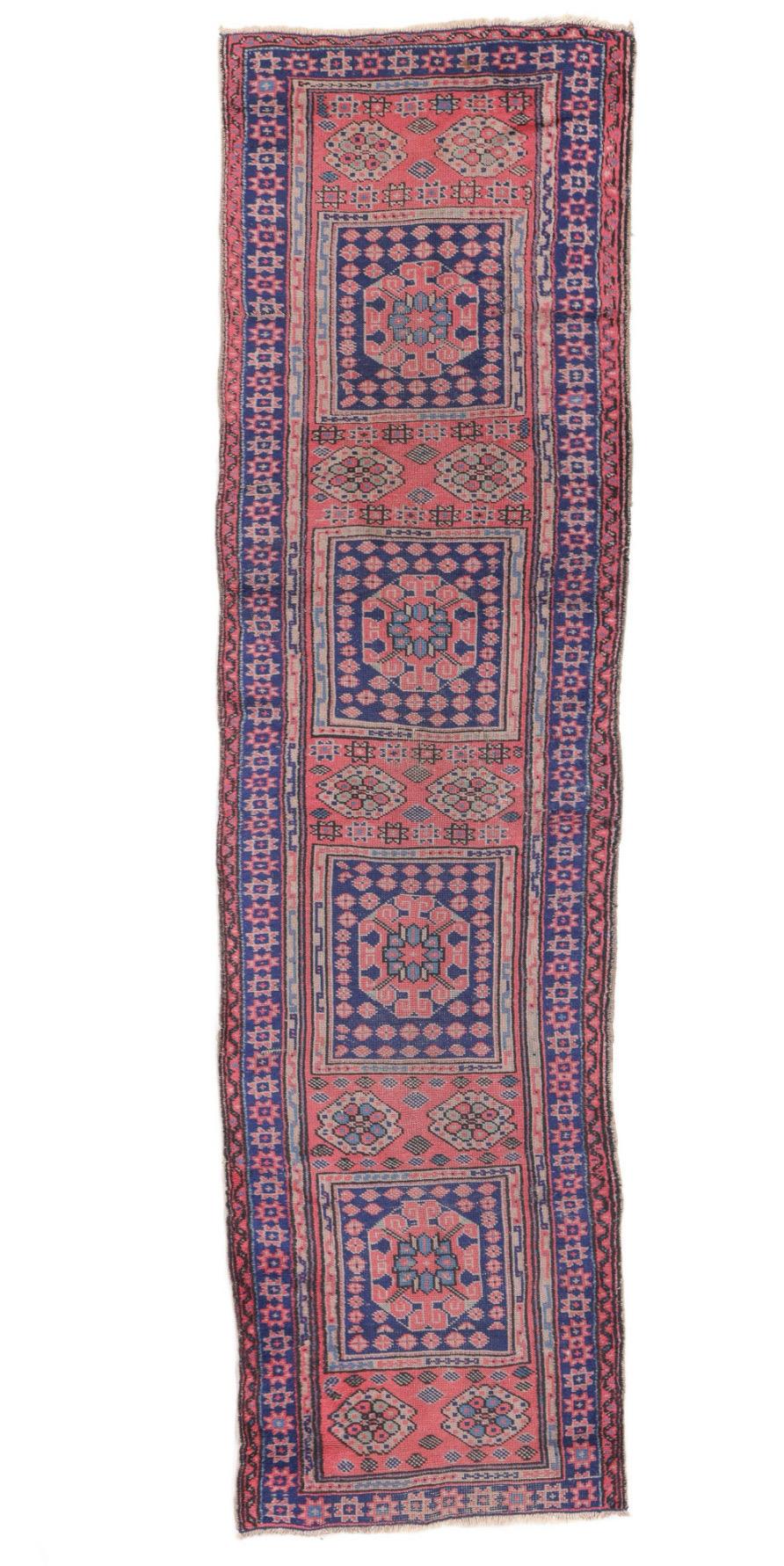 Oushak Antique Turkish Sparta Short and Narrow Pink Rose Geometric Runner Rug For Sale