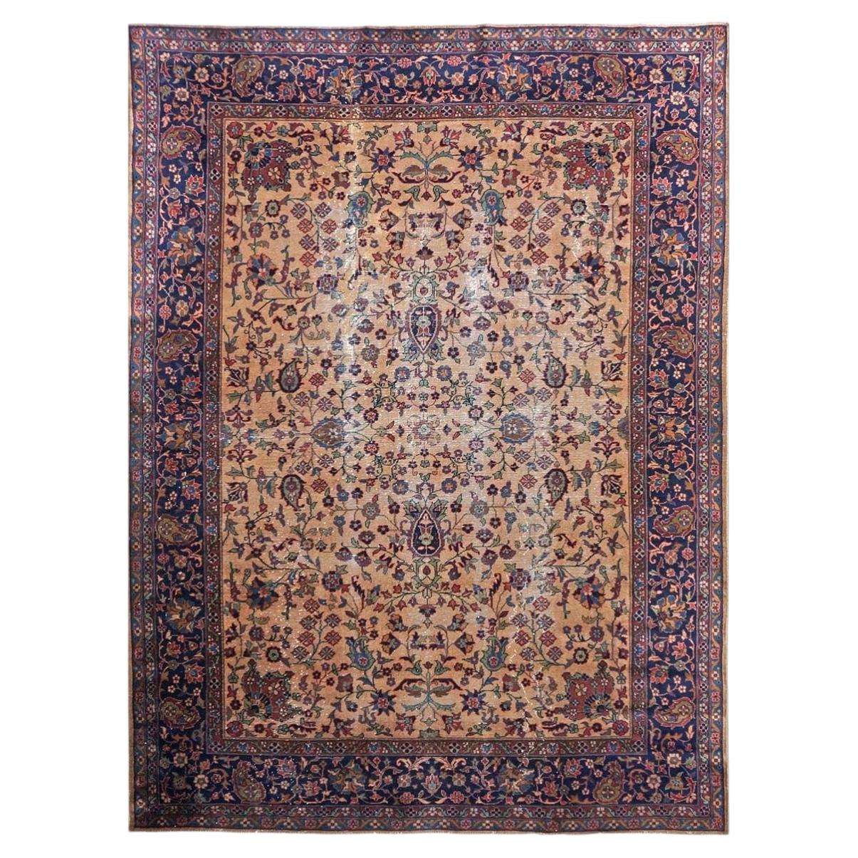 Antique Turkish Sparta Wool 9x12 Tan & Navy Handmade Area Rug For Sale