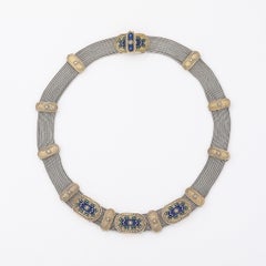 Antique Turkish Sterling Silver & Vermeil Chain Necklace in Blue & Green Enamel