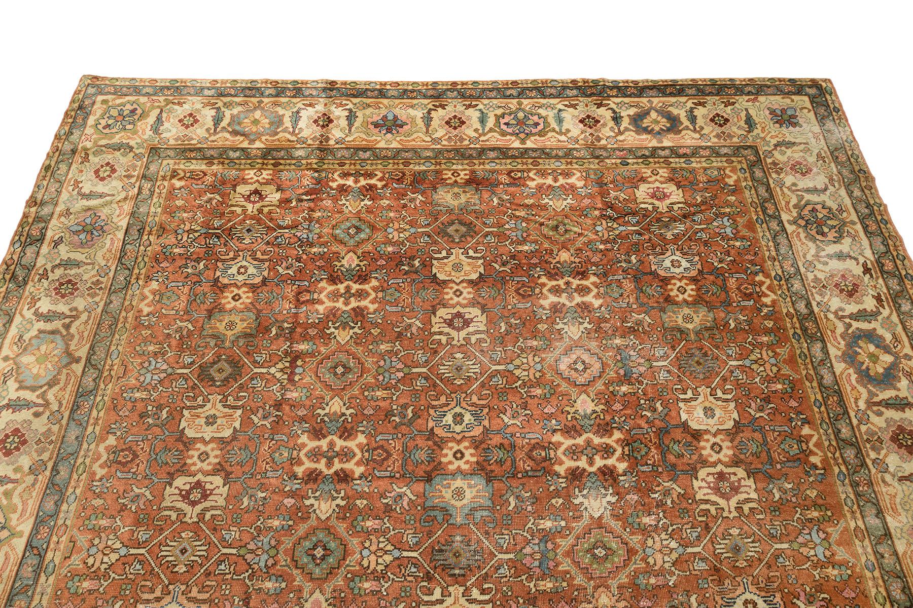 Antiker türkischer Sultanabad Rugs, handgeknüpft, 13.0x9.7 ft  - Rot, Elfenbein & Blau (Handgeknüpft) im Angebot