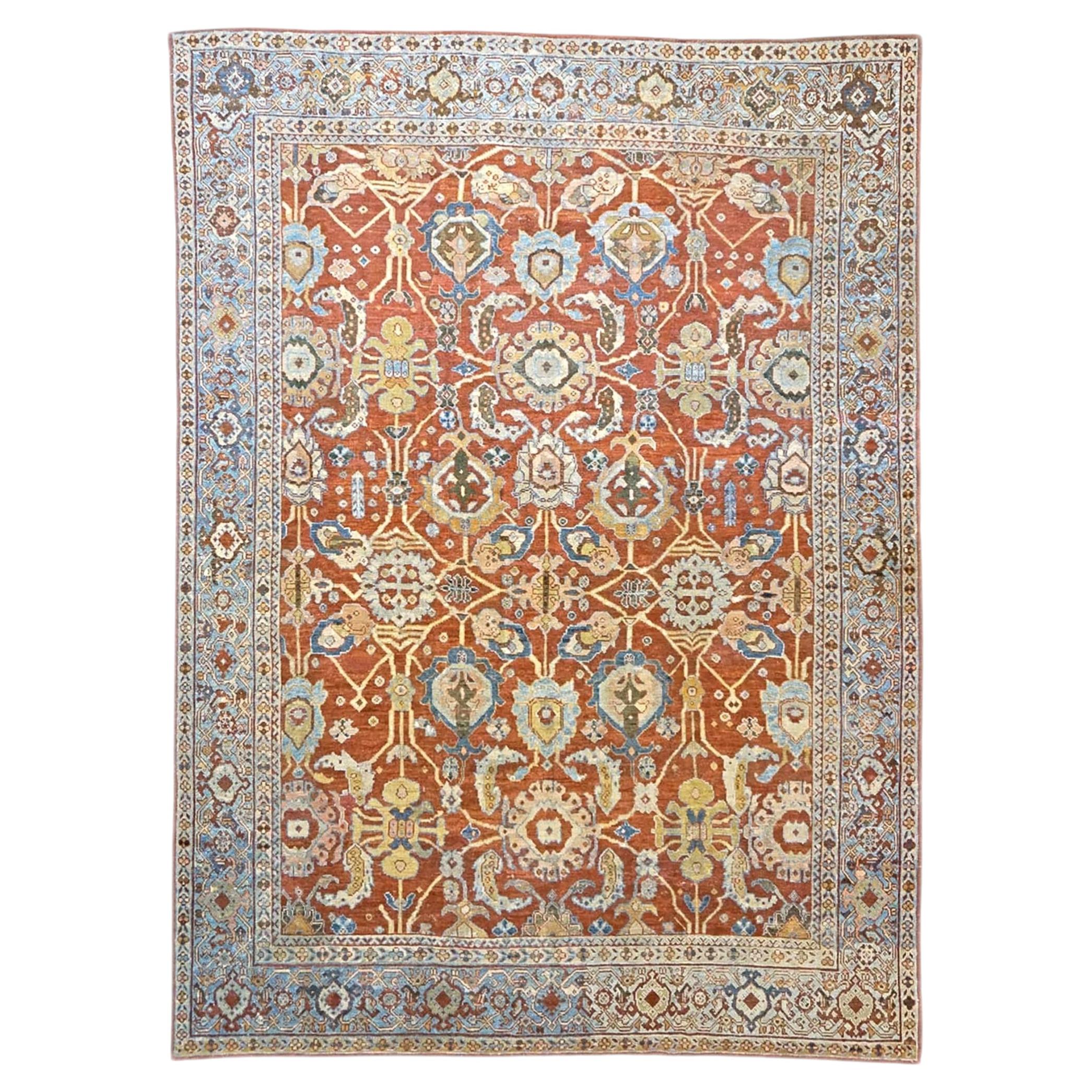Antique Sultanabad Wool 9 x 12 Rust, Navy & Ivory Handmade Area Rug