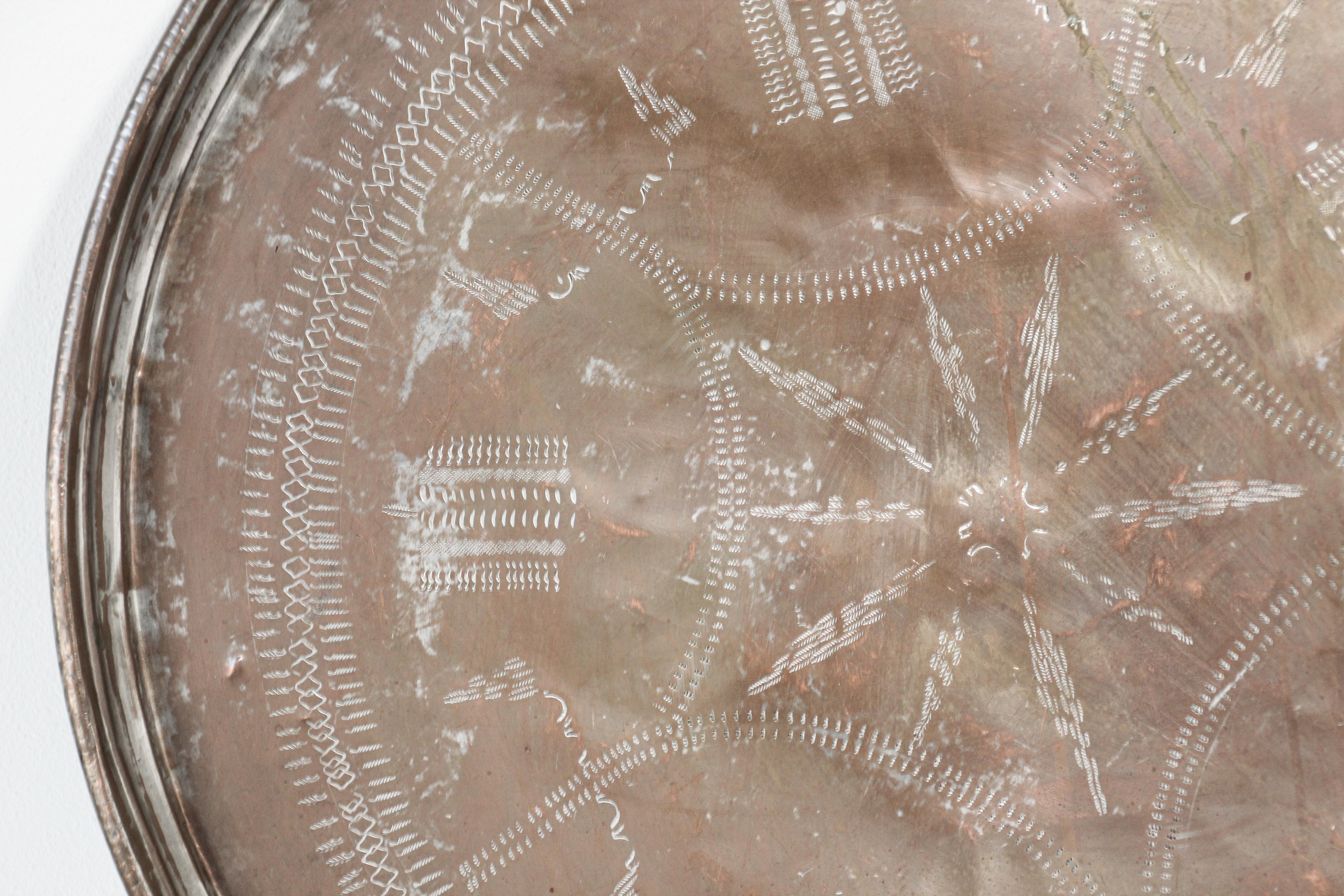 Metal Antique Turkish Tinned Copper Circular Serving Tray For Sale