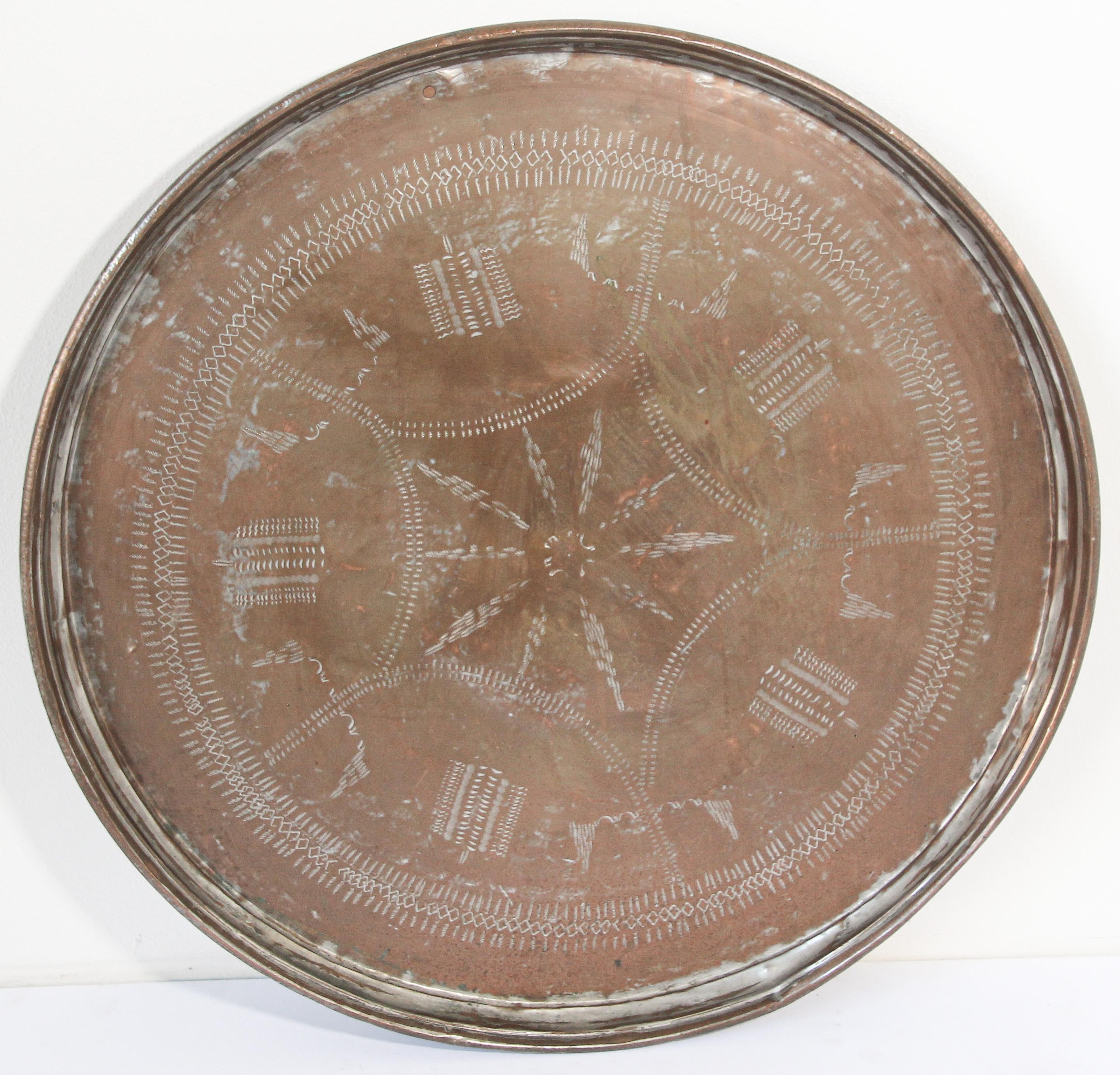 Antique Turkish Tinned Copper Circular Serving Tray For Sale 2