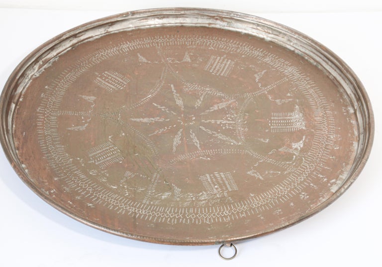 Antique Turkish Tinned Copper Circular Serving Tray For Sale at 1stDibs