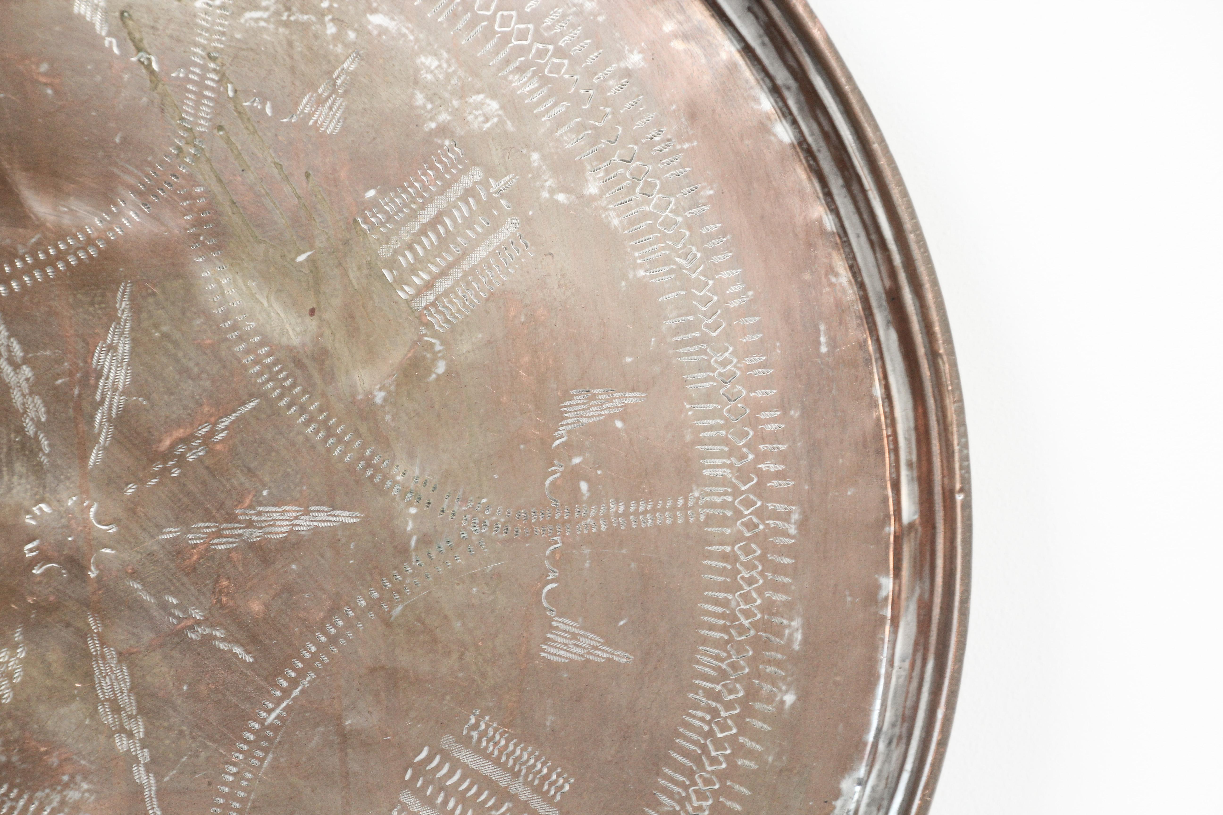 Moorish Antique Turkish Tinned Copper Circular Serving Tray For Sale