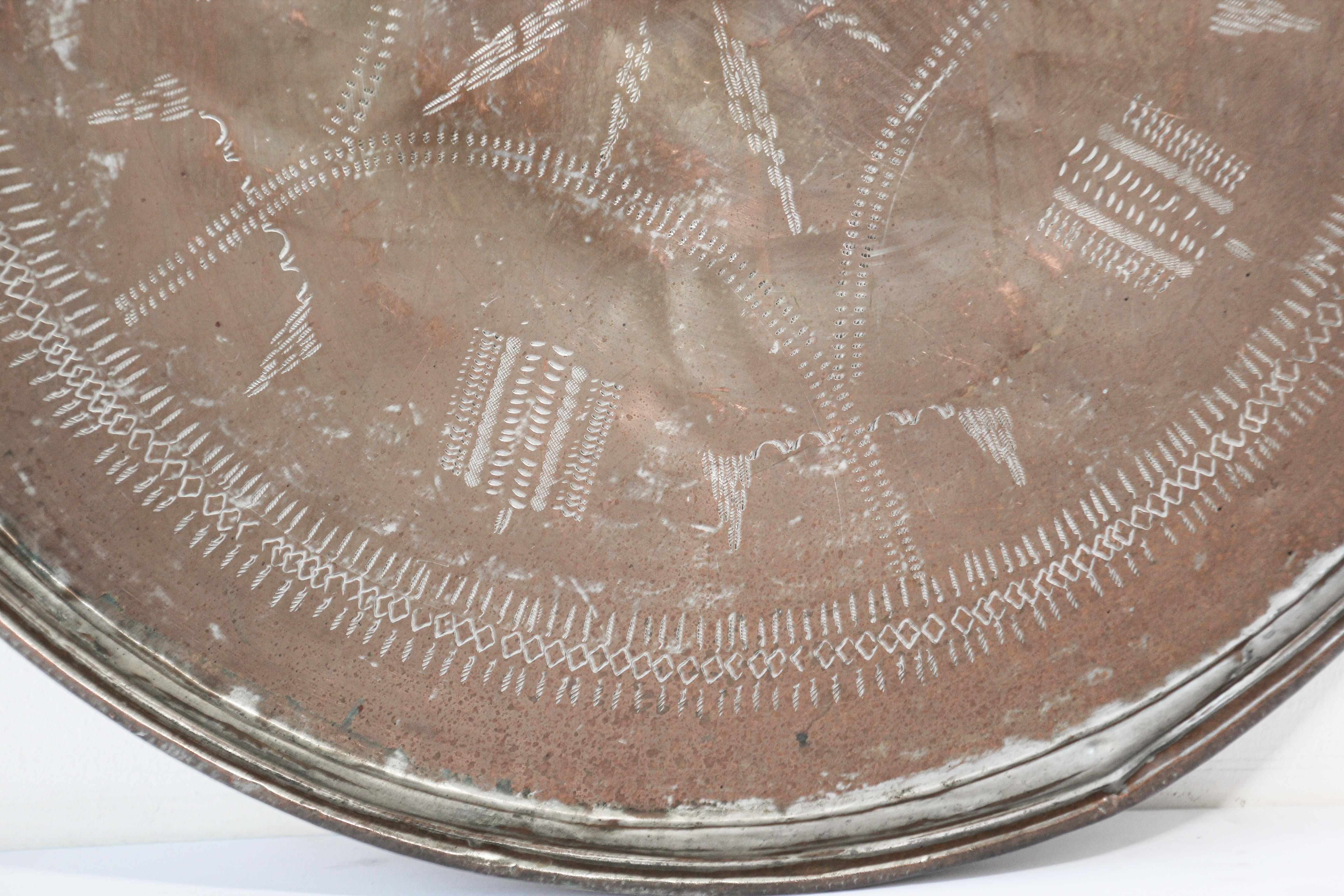 Hammered Antique Turkish Tinned Copper Circular Serving Tray For Sale