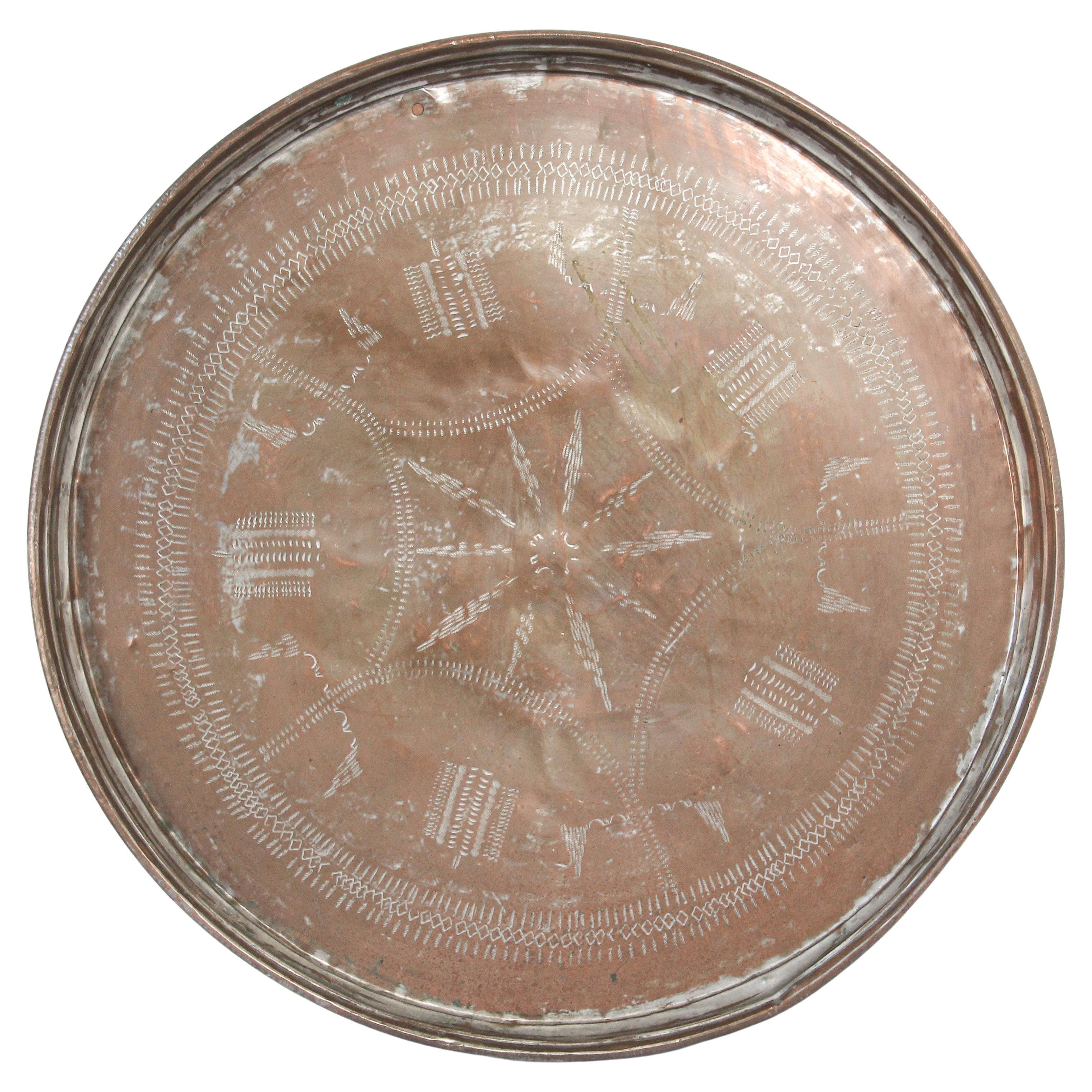 Antique Turkish Tinned Copper Circular Serving Tray For Sale