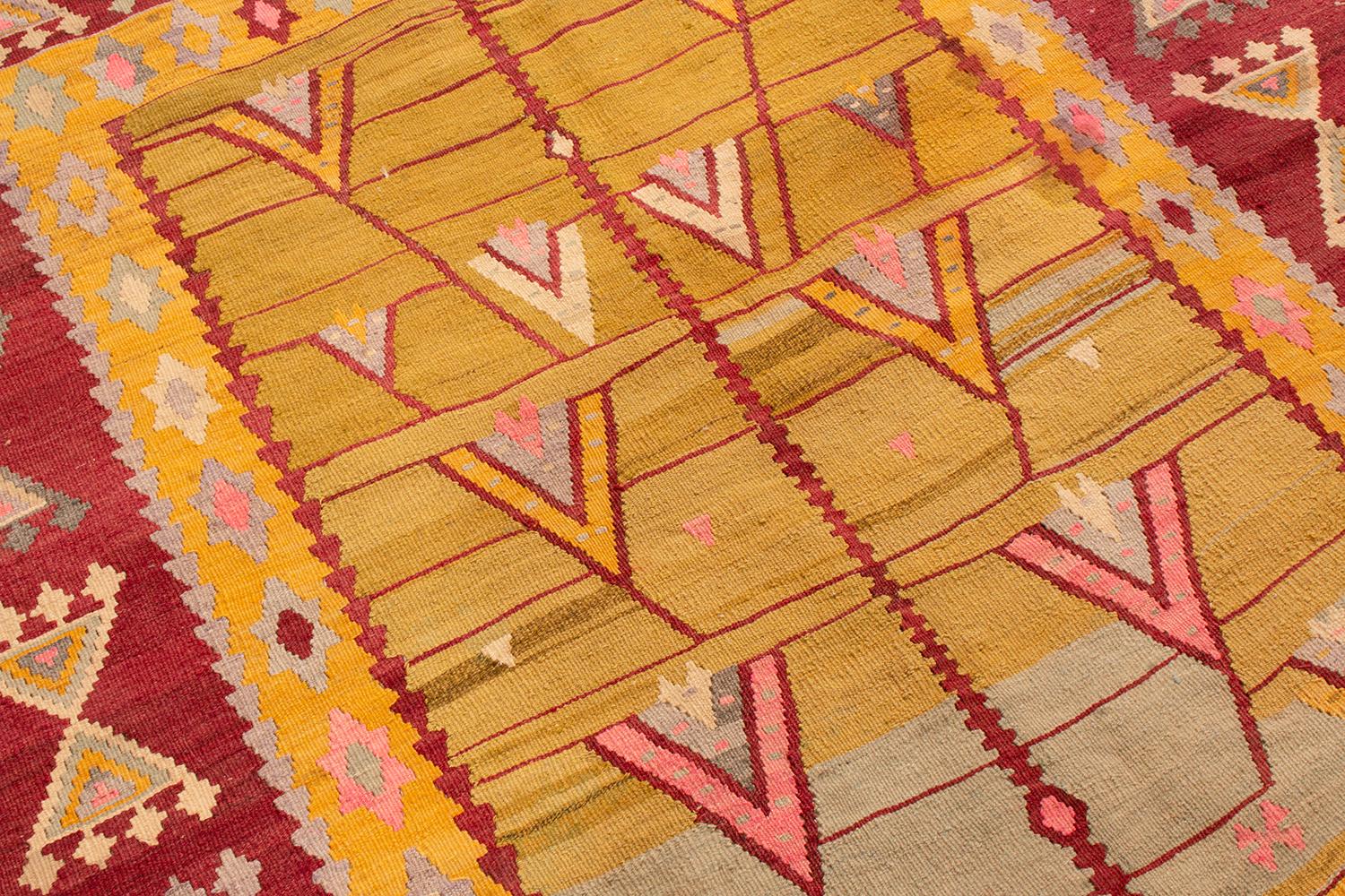 Hand-Knotted Antique Turkish Transitional Geometric Yellow Wool Kilim Rug by Rug & Kilim For Sale