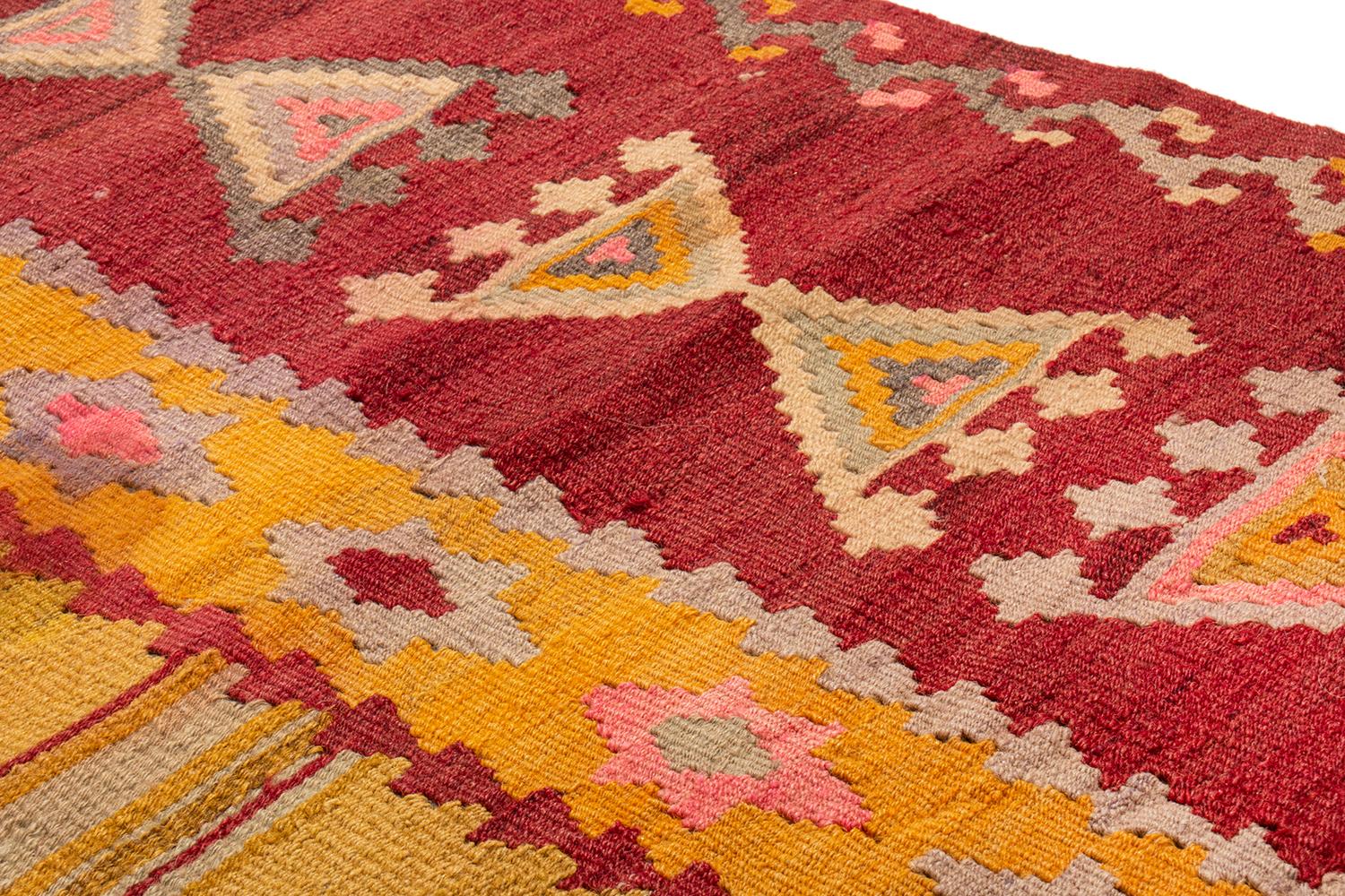 Antique Turkish Transitional Geometric Yellow Wool Kilim Rug by Rug & Kilim In Good Condition For Sale In Long Island City, NY