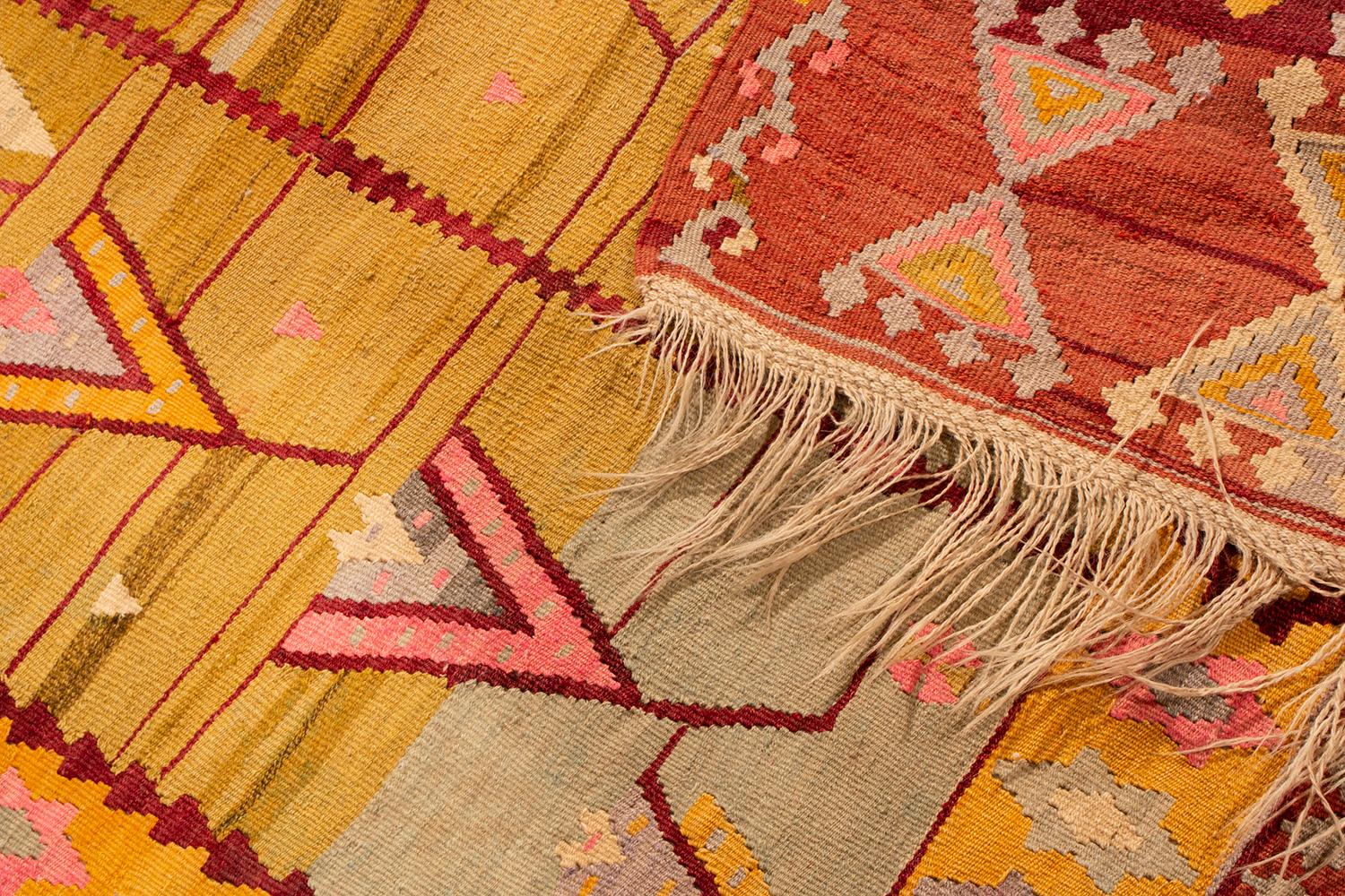 Early 20th Century Antique Turkish Transitional Geometric Yellow Wool Kilim Rug by Rug & Kilim For Sale