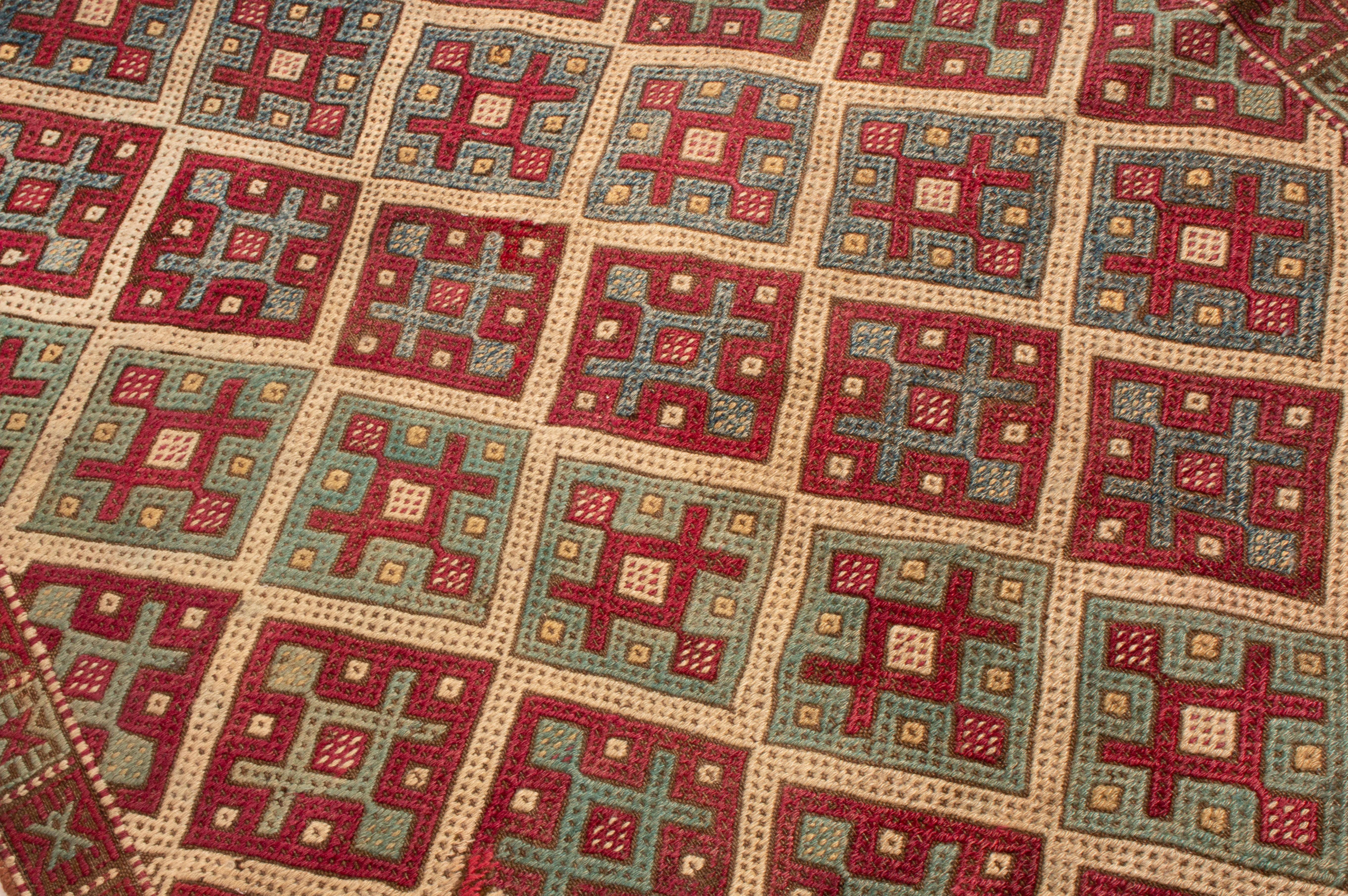 Hand-Knotted Antique Turkish Transitional Red and Blue Wool Kilim by Rug & Kilim For Sale