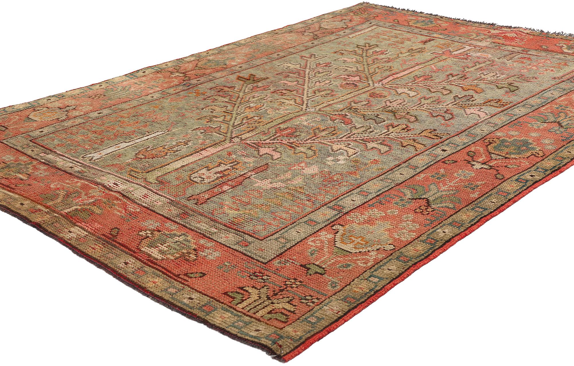 74049 Antique Turkish Oushak Tree of Life Rug, 04'09 x 06'05. Turkish Oushak Tree of Life rugs are traditional handwoven rugs originating from the Oushak region of Turkey, renowned for their central tree motif symbolizing fertility and