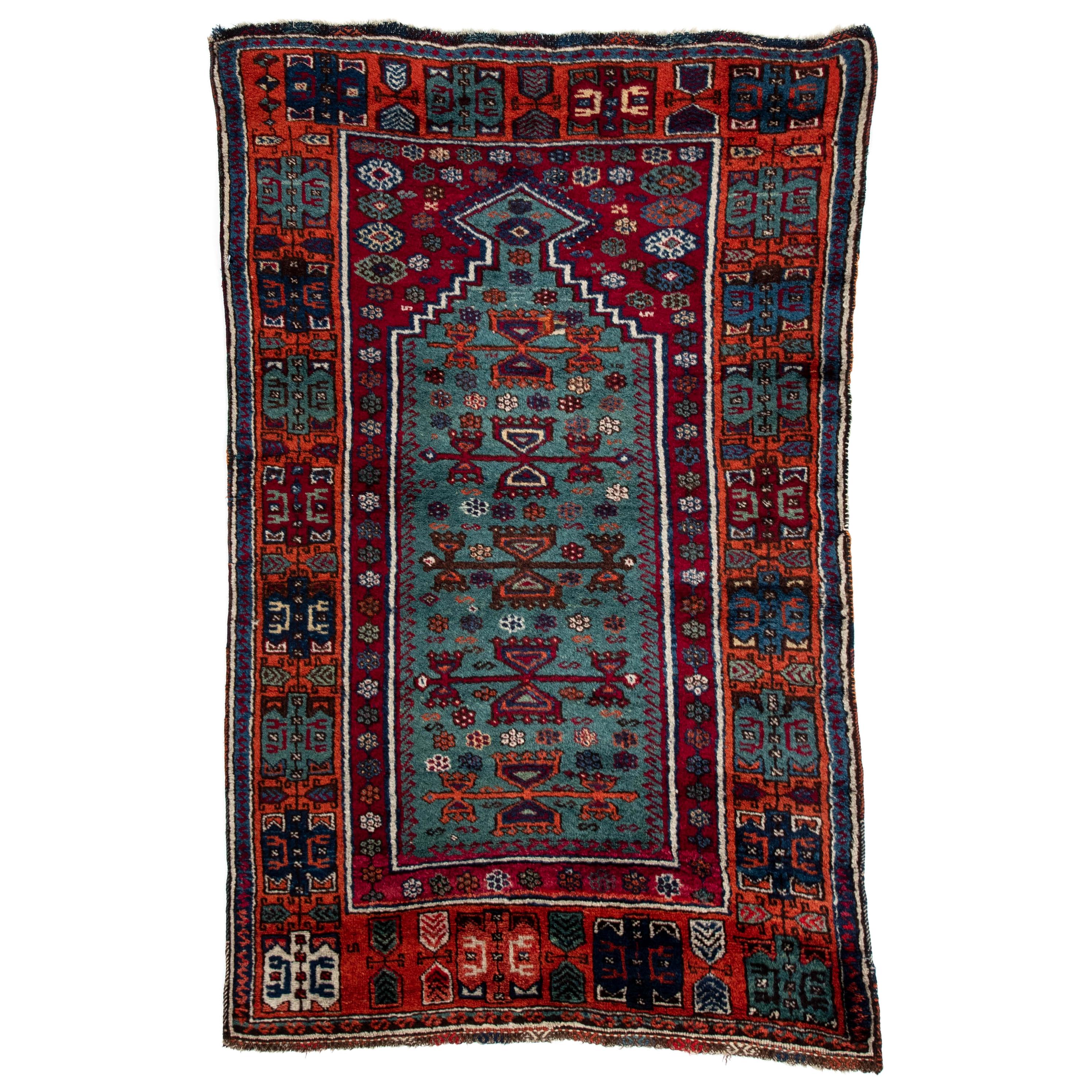 Antique Turkish Tribal Prayer Rug Woven in South-Eastern Anatolia Blue and Red For Sale