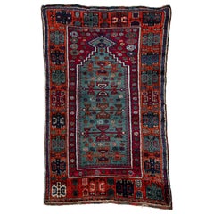 Antique Turkish Tribal Prayer Rug Woven in South-Eastern Anatolia Blue and Red