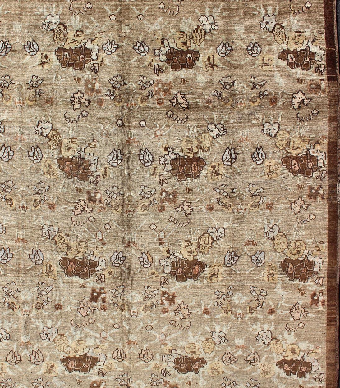 Hand-Knotted Large Antique Turkish Tulu Carpet with Floral Design in Tan & Brown  For Sale